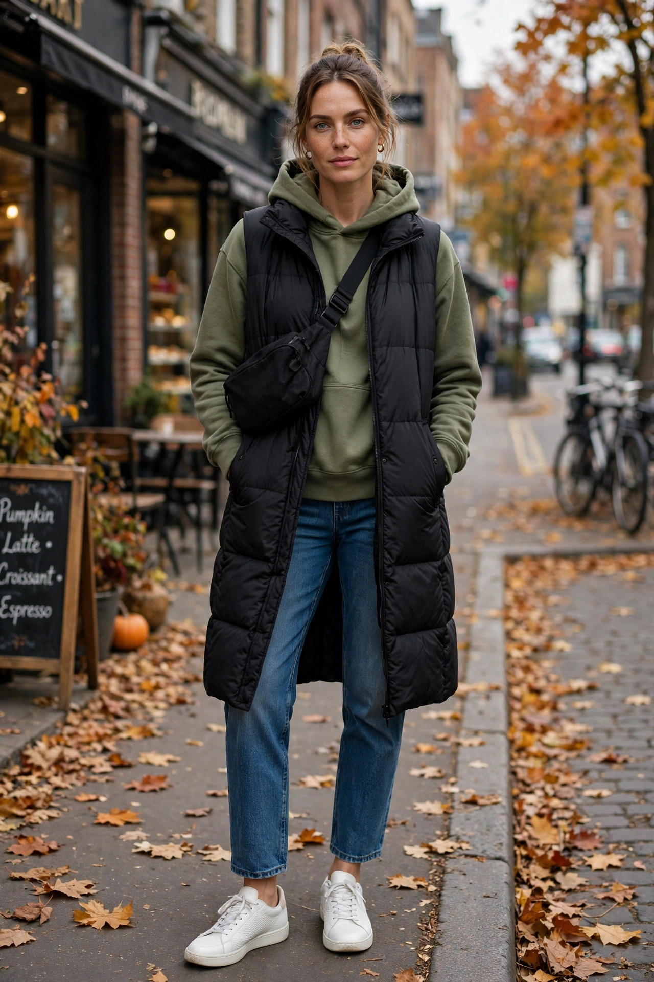 Fall outfit: Puffer Vest Over Hoodie and Jeans