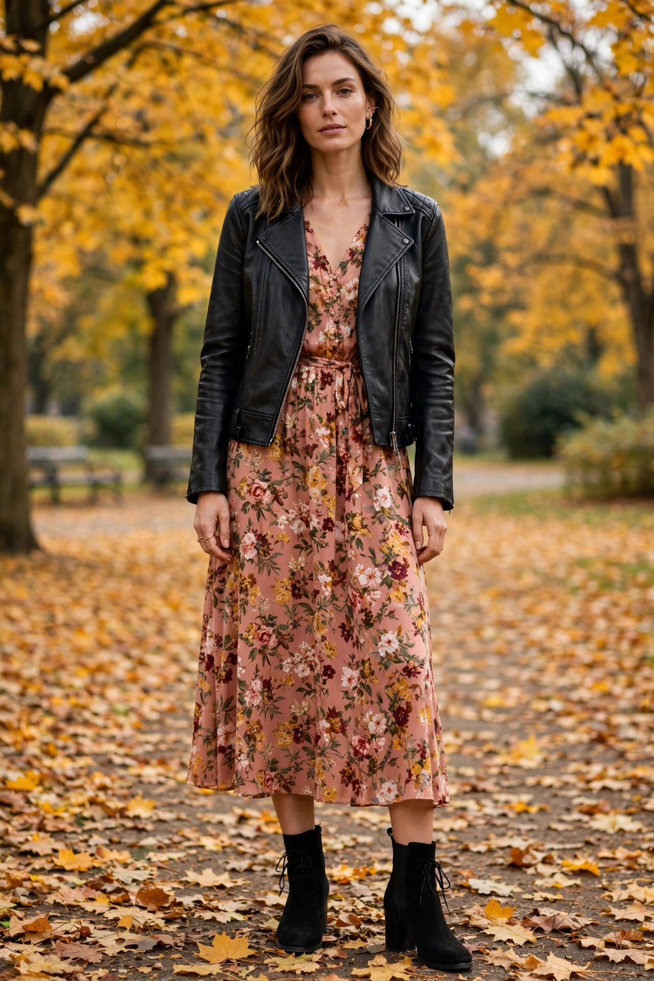 Fall outfit: Leather Jacket Over Floral Midi Dress