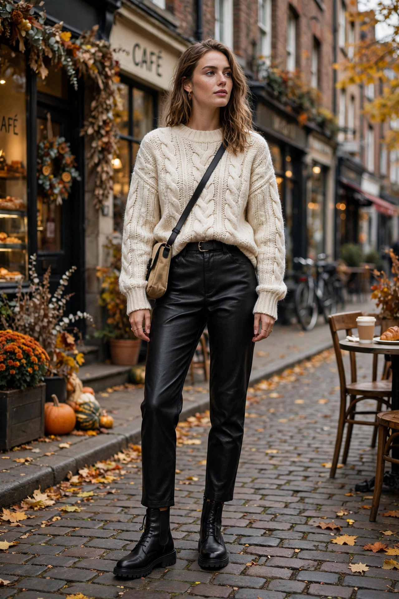 Fall outfit: Chunky Knit With Leather Pants