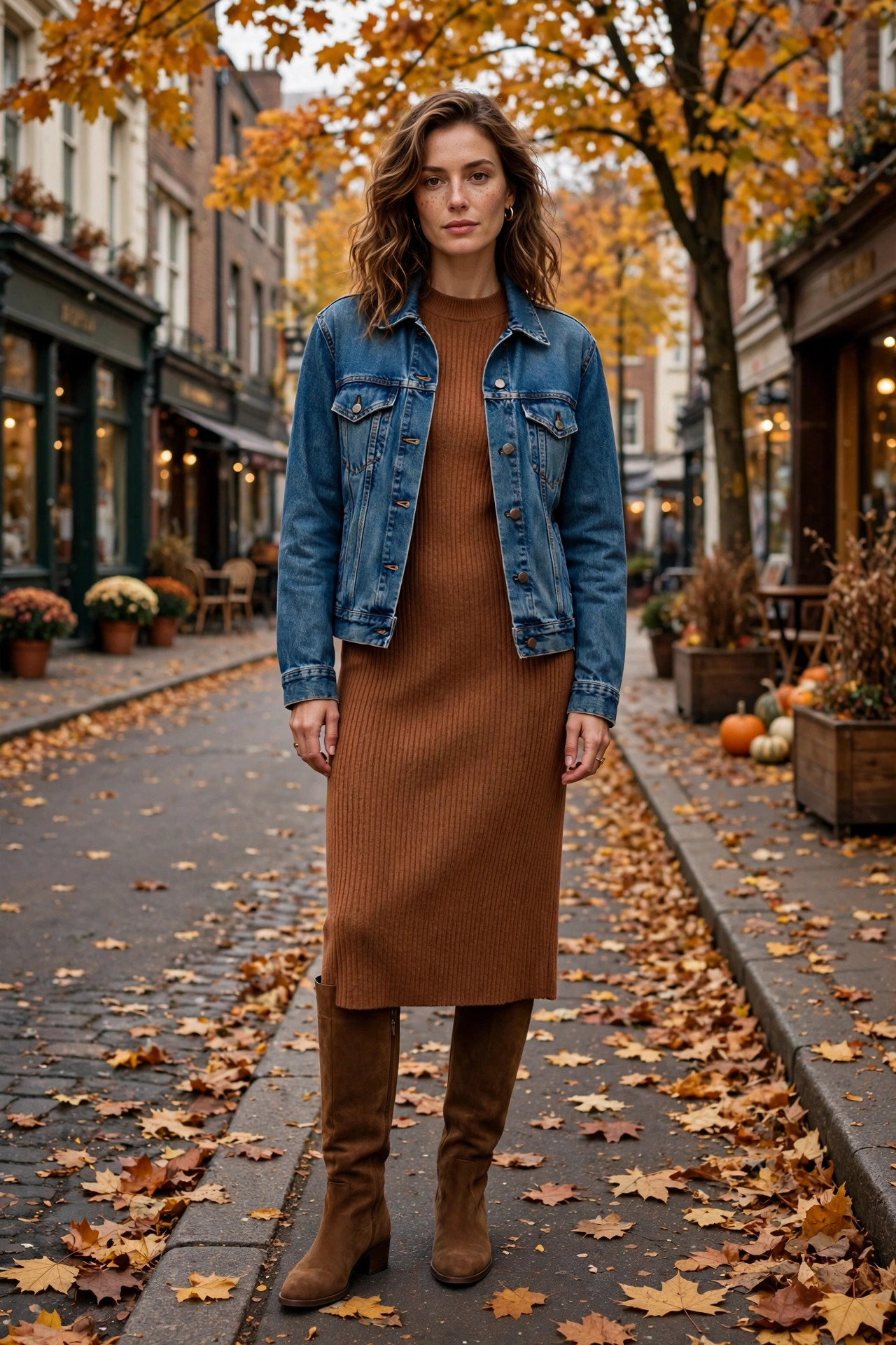 Fall outfit: Denim Jacket With Knit Dress and Knee Boots