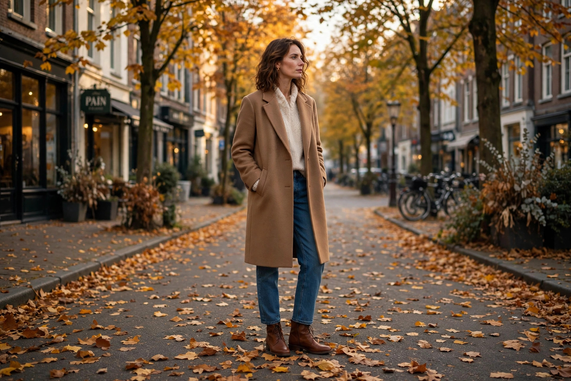 Layered fall outfit 2026 with camel coat, cream sweater, jeans and ankle boots on an autumn street