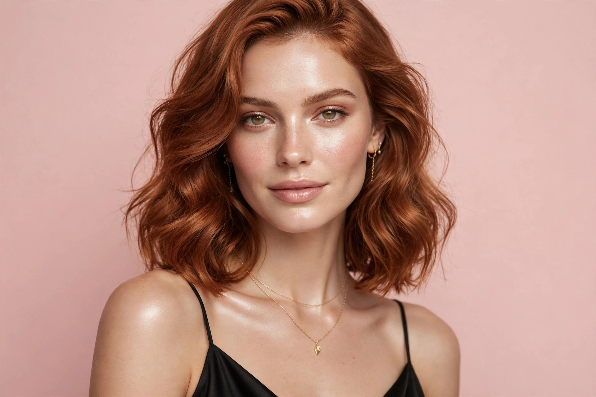 Glowing beauty portrait with soft copper hair in blush studio light