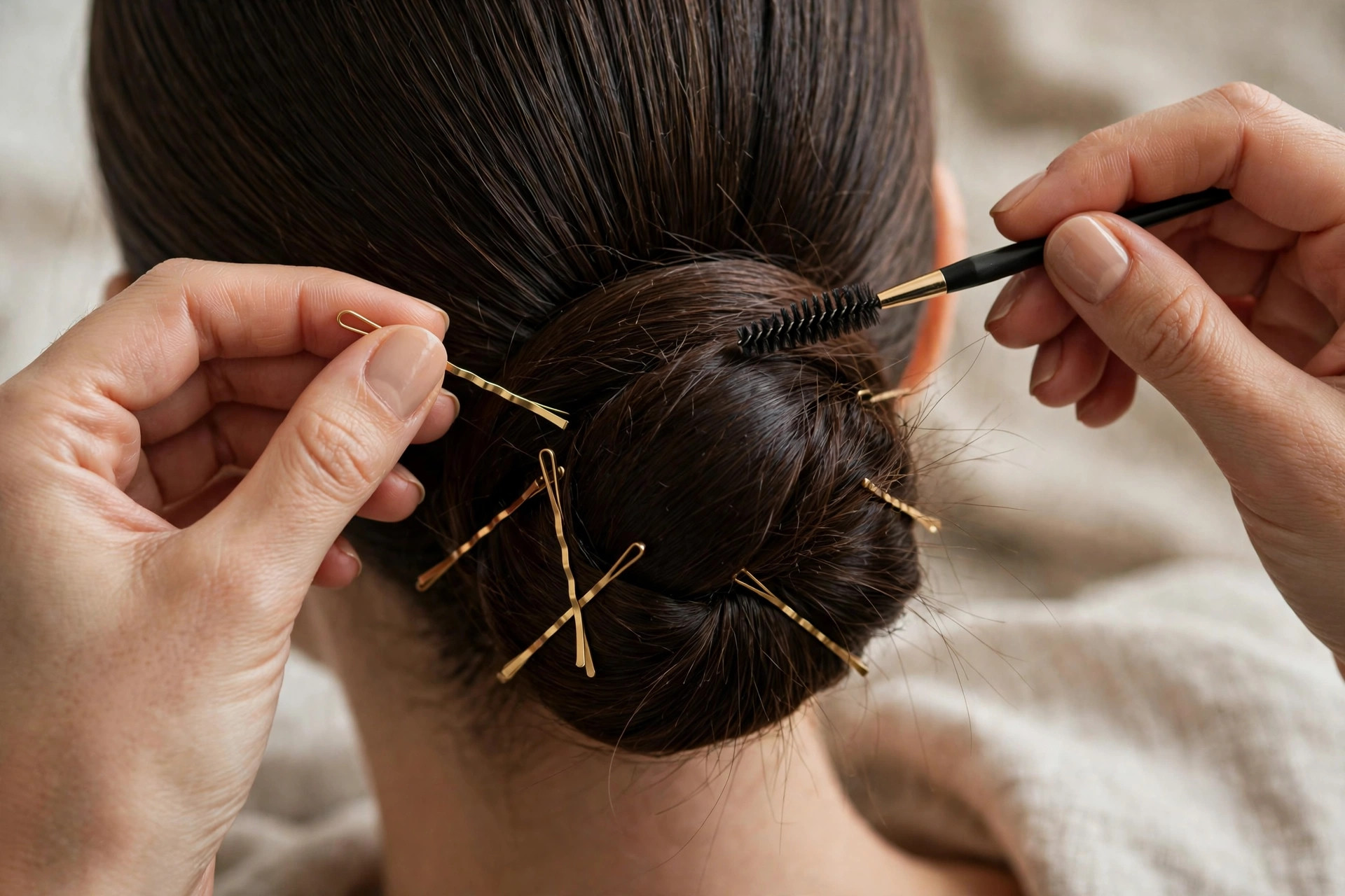 Pinning and perfecting a sleek updo bun with bobby pins
