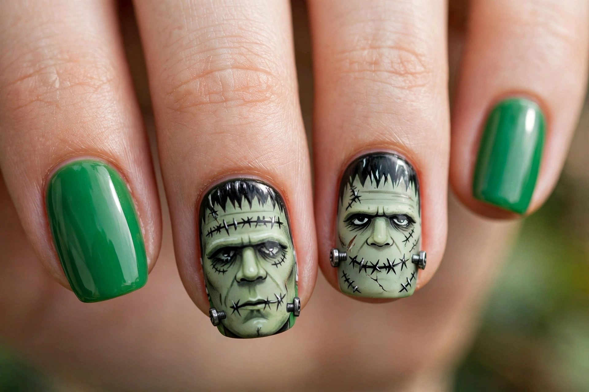 Frankenstein Halloween nail art design