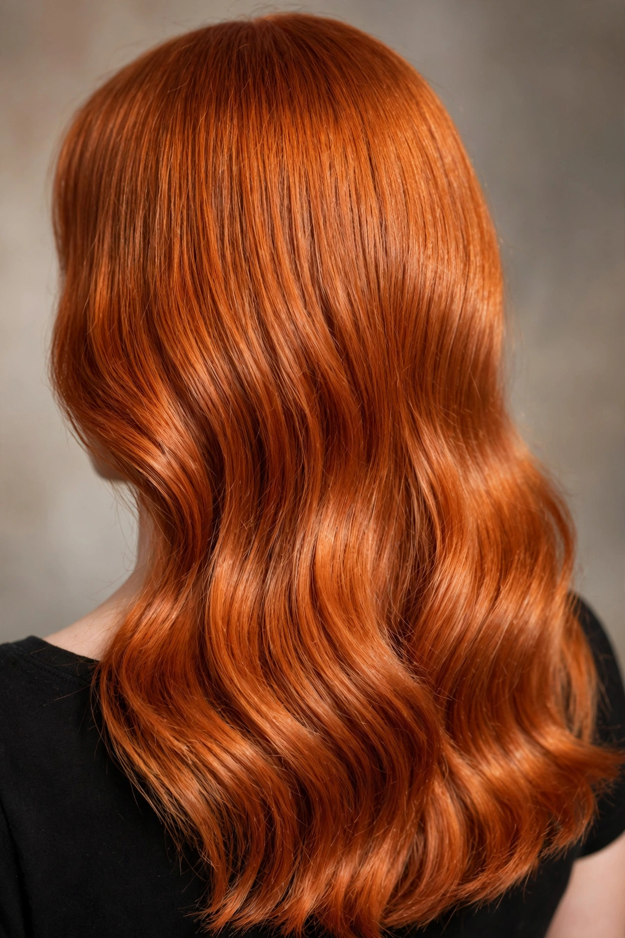 Freshly dyed classic copper hair with even glossy color
