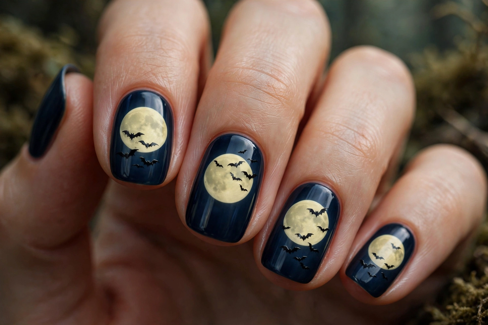 Full moon and bats Halloween nail art