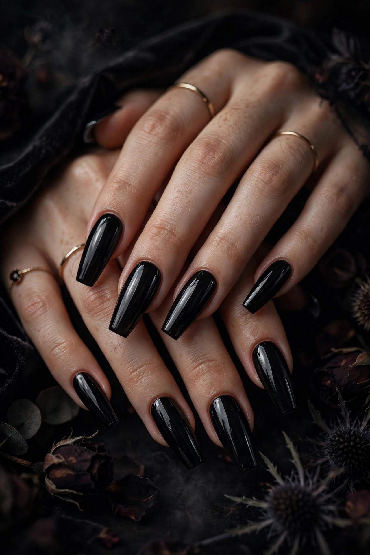 Goth nail design: Gothic Coffin Nails in Gloss Black