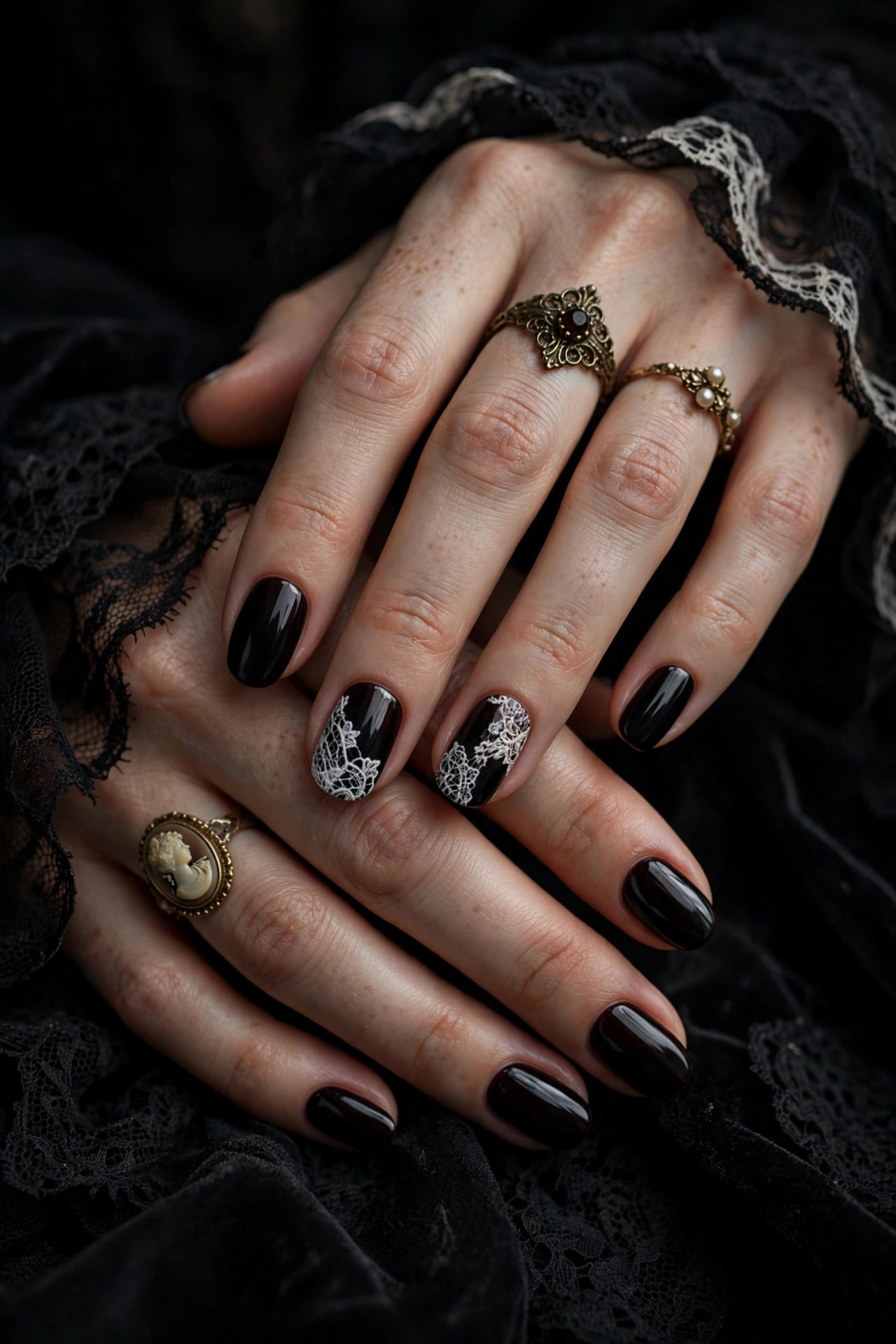 Goth nail design: Black Lace Accents
