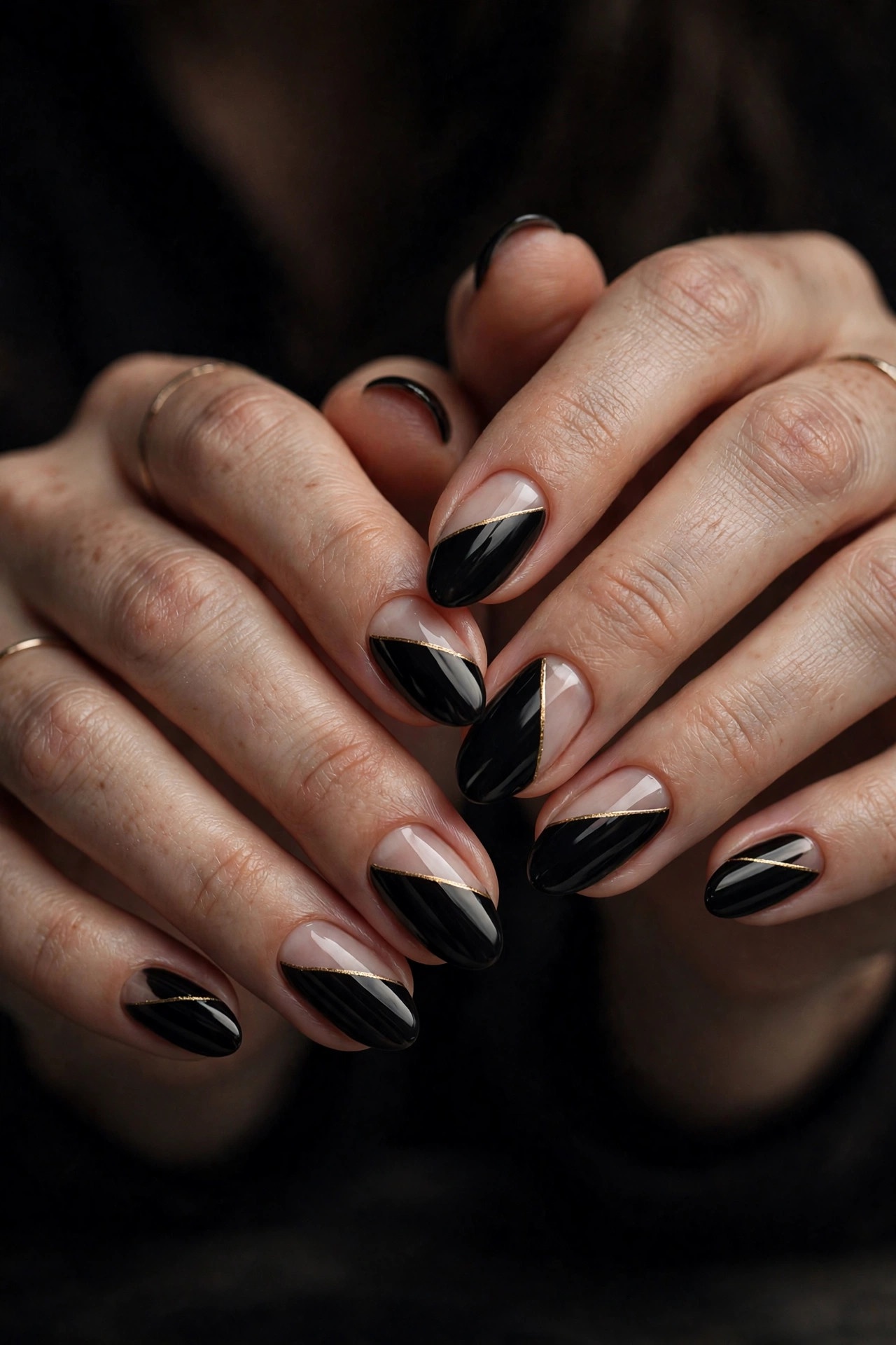 Goth nail design: Black and Gold Negative Space