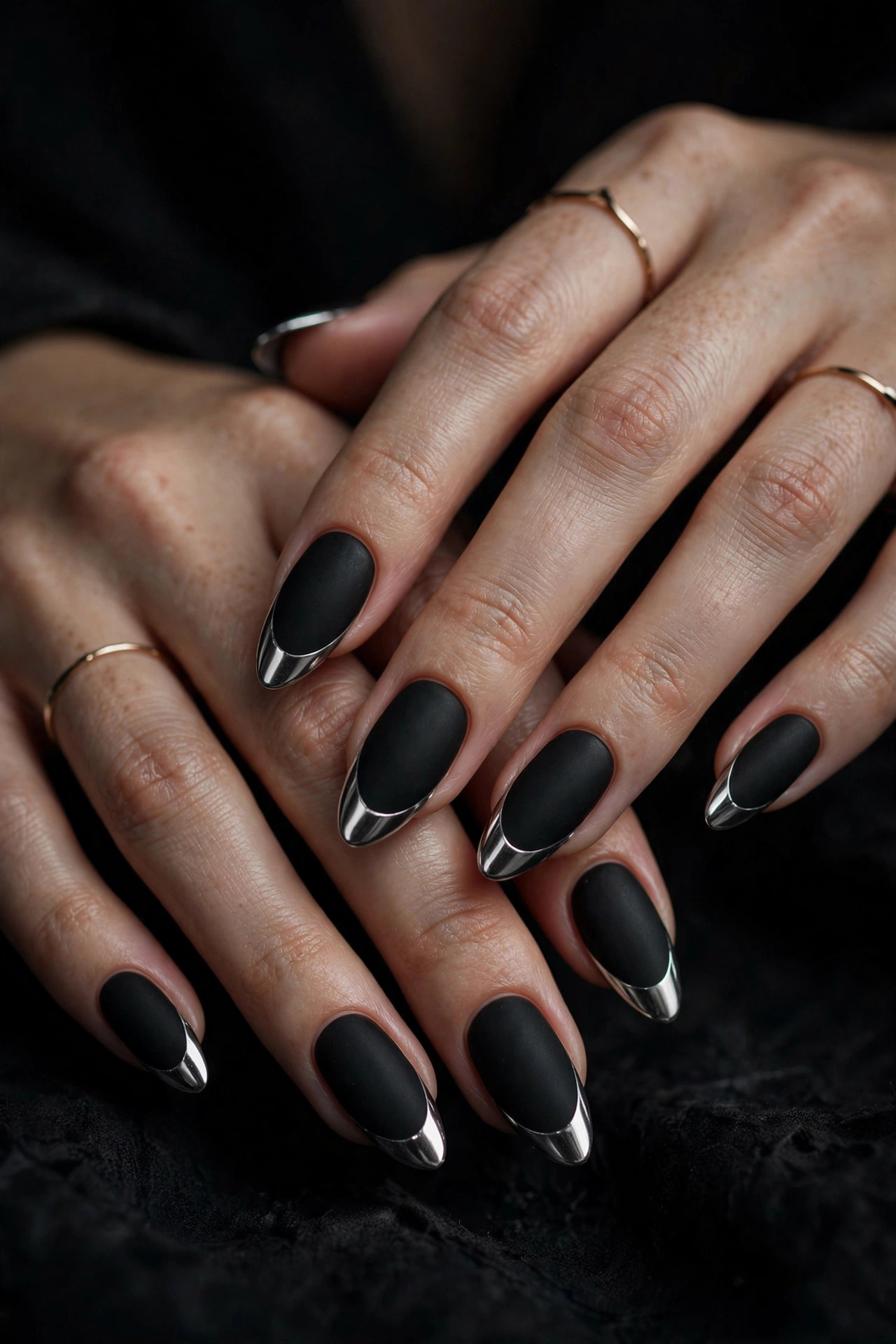 Goth nail design: Chrome French on Black Base