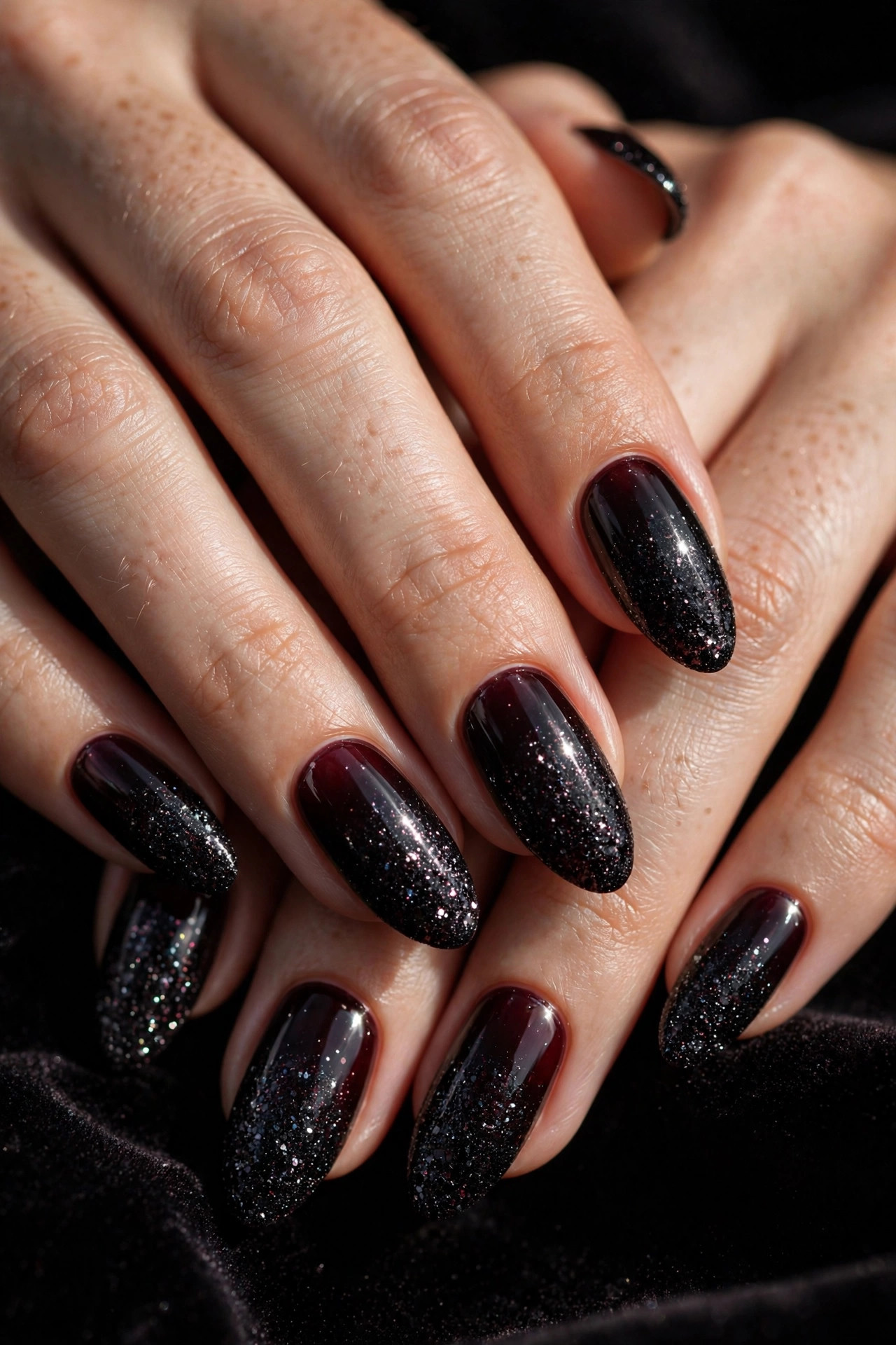 Goth nail design: Black Glitter Fade