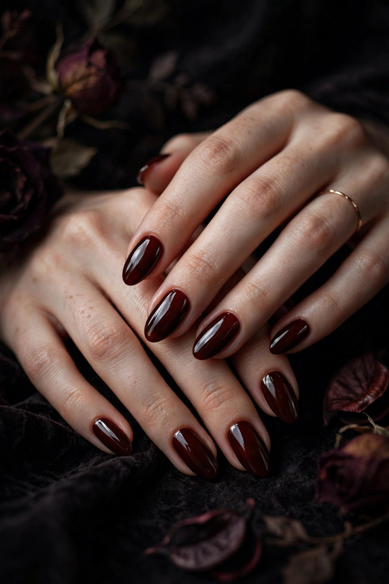 Goth nail design: Oxblood with Gloss Top