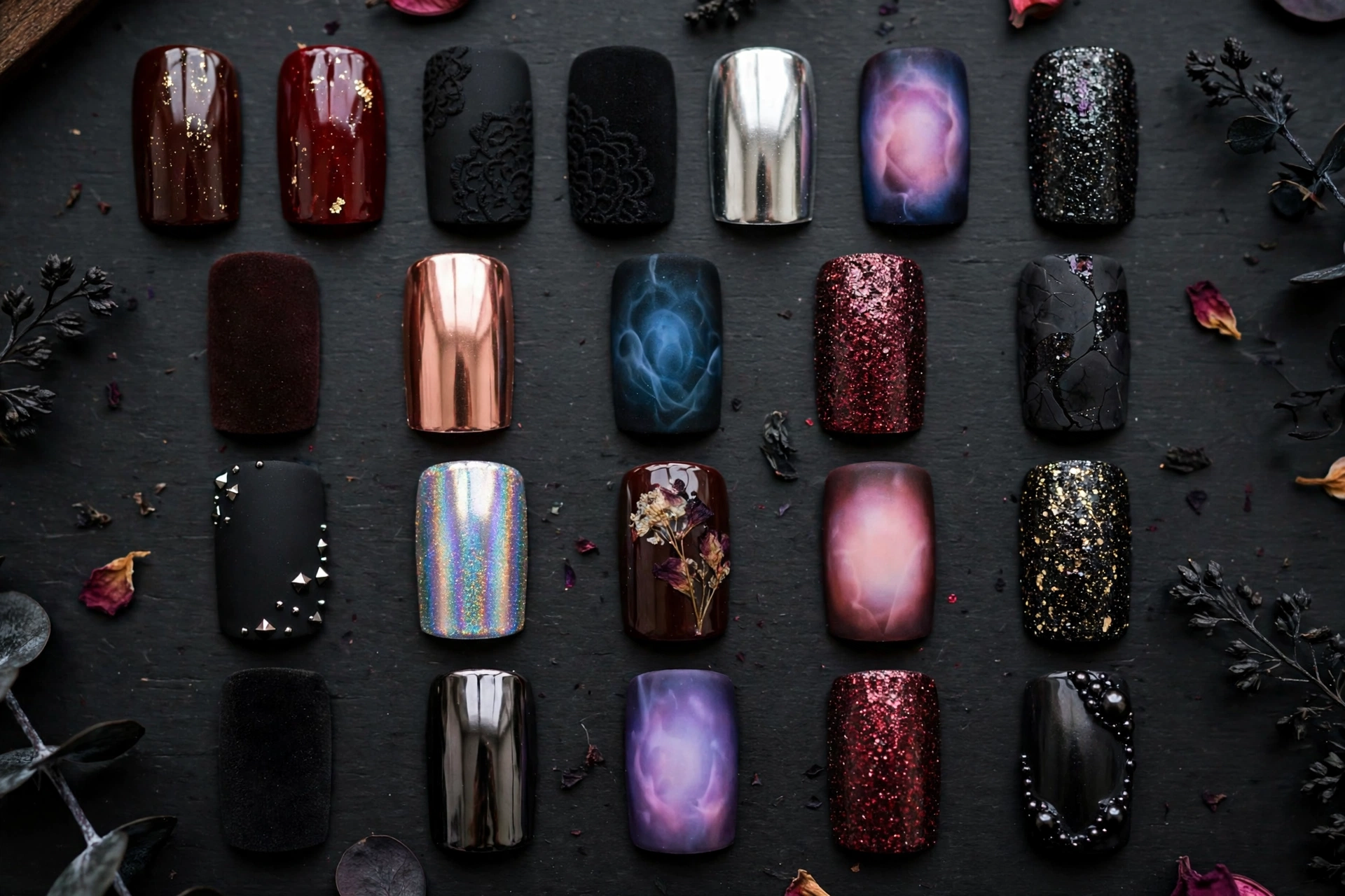 Collection of 20 goth vamp nail design swatches in dark shades
