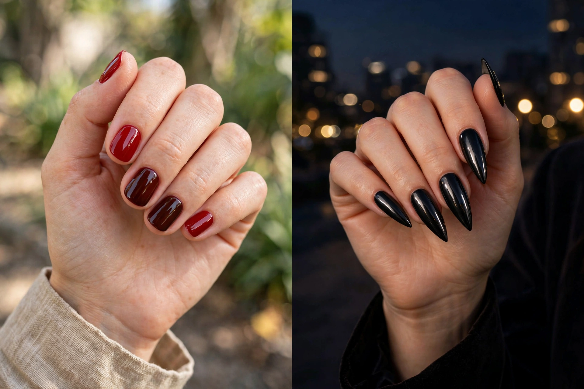 Daytime oxblood goth nails versus dramatic evening black chrome nails
