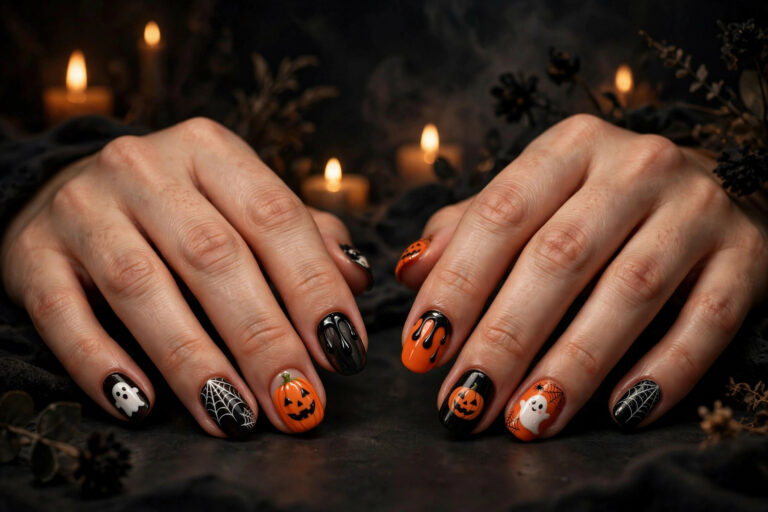 Halloween nail art designs with ghost faces, spider webs, pumpkin faces and drips on black and orange nails