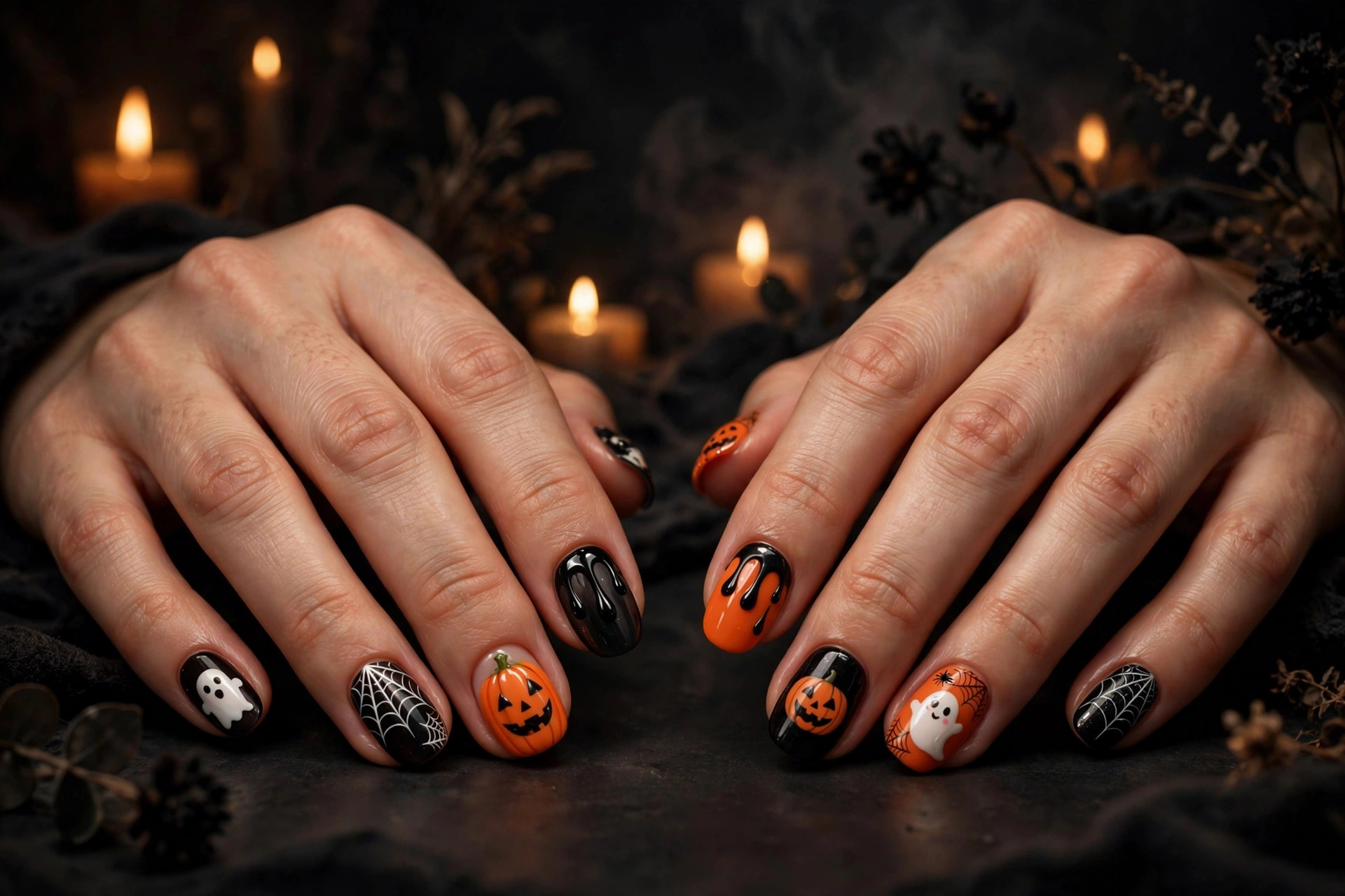 Halloween nail art designs with ghost faces, spider webs, pumpkin faces and drips on black and orange nails