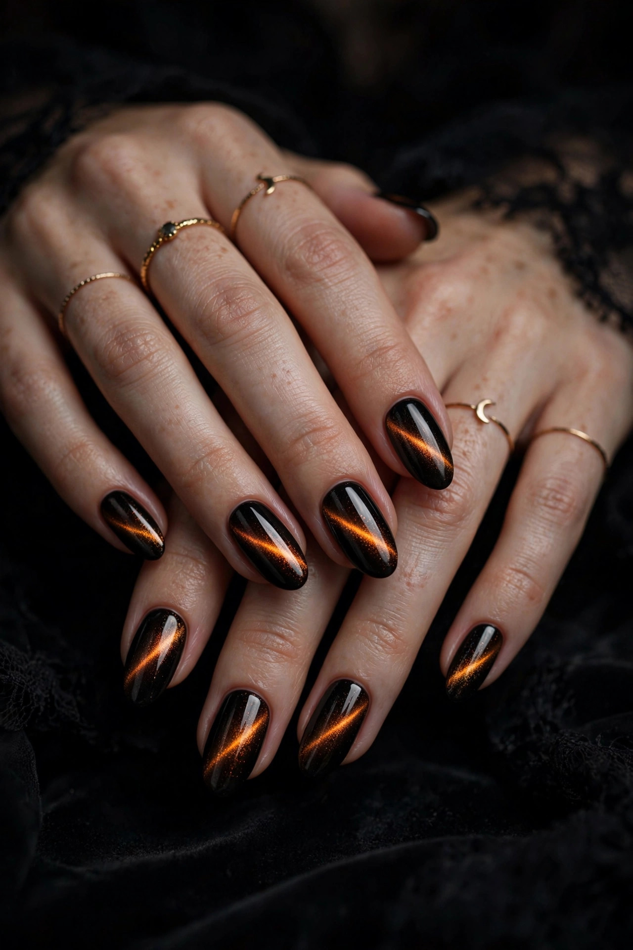 Halloween nail design: Cat-Eye Orange and Black