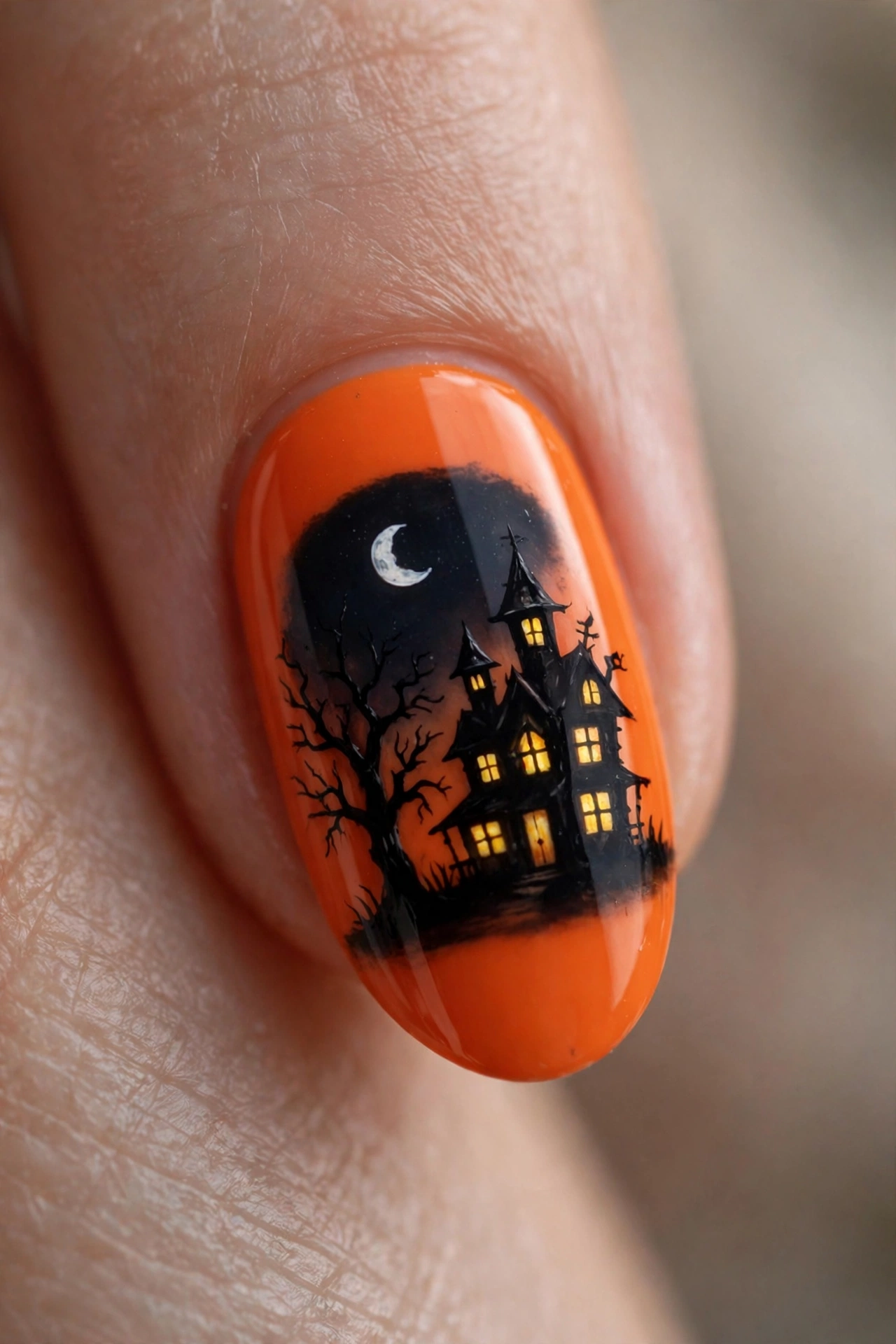 Haunted house silhouette Halloween nail art