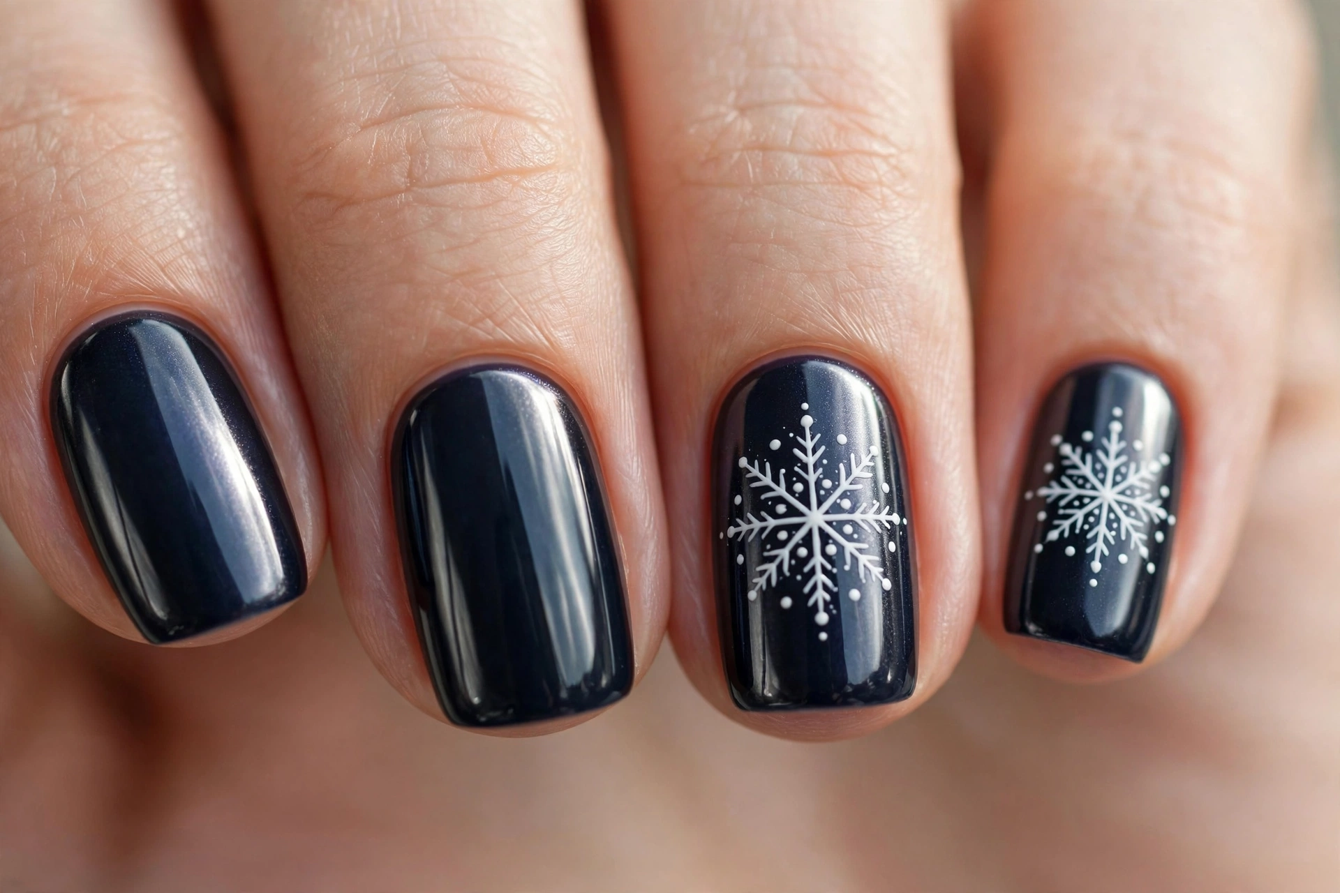 Icy silver chrome Christmas nails with snowflake accents
