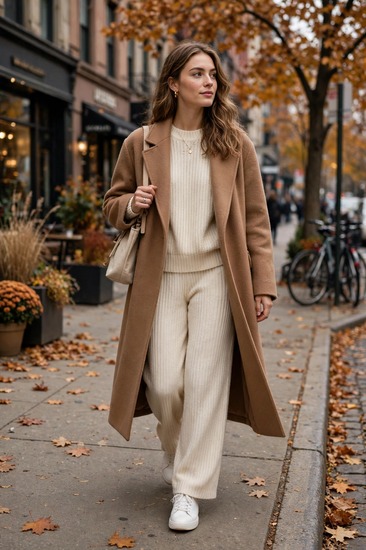 Fall outfit with knit set and long wool coat layering formula
