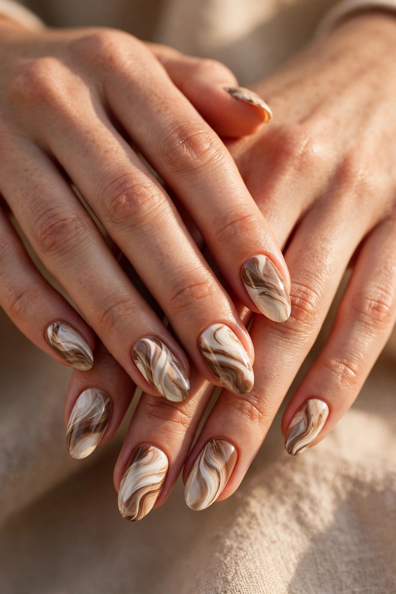 Latte nail design: Mocha Marble