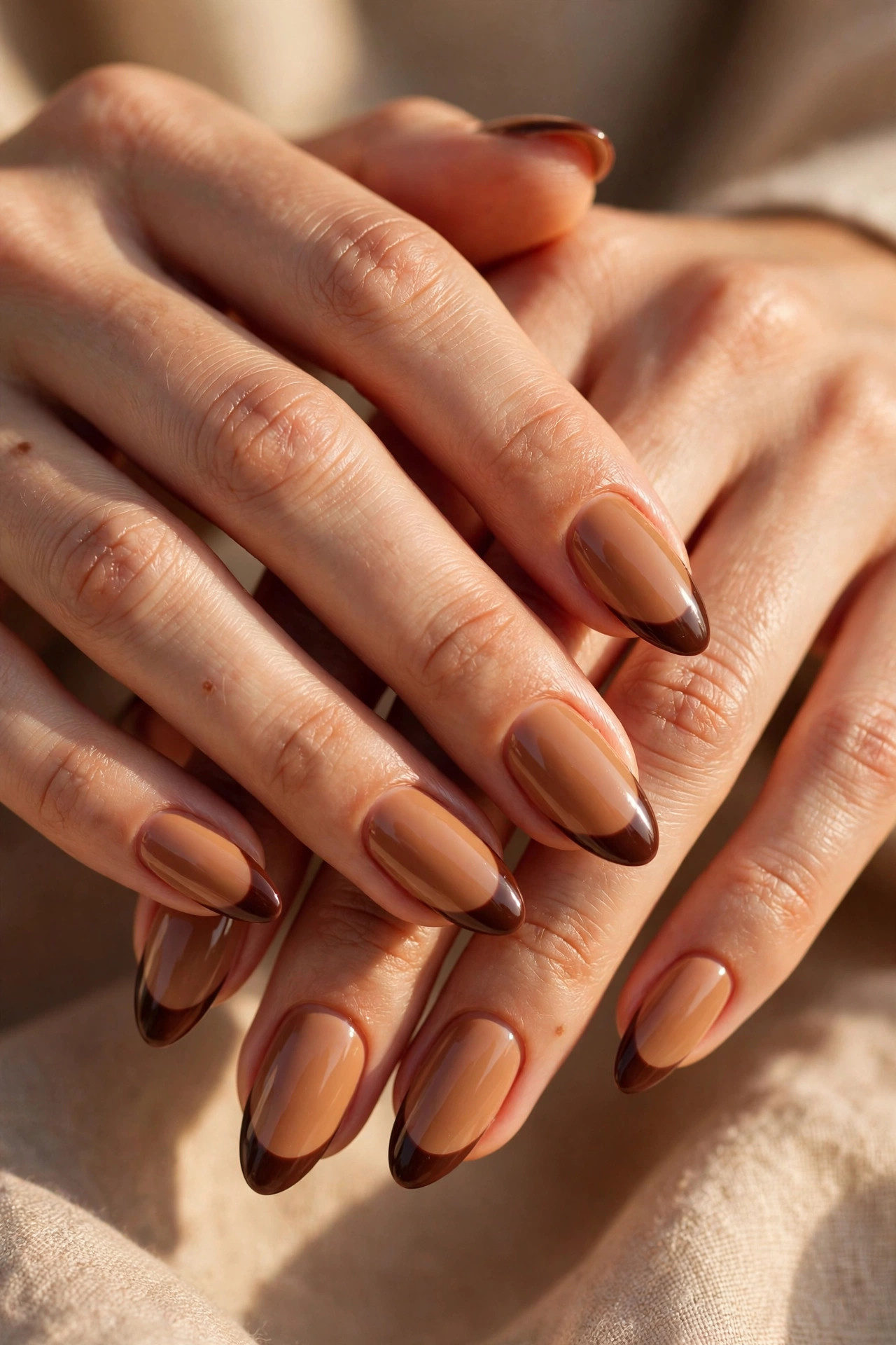 Latte nail design: Chocolate French on Caramel Base