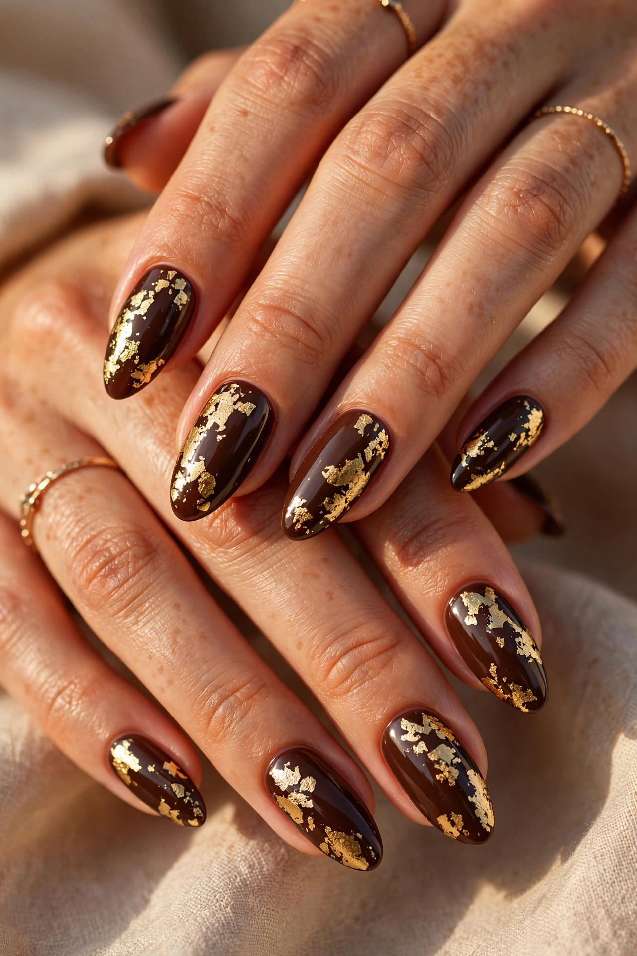Latte nail design: Gold Leaf on Chocolate