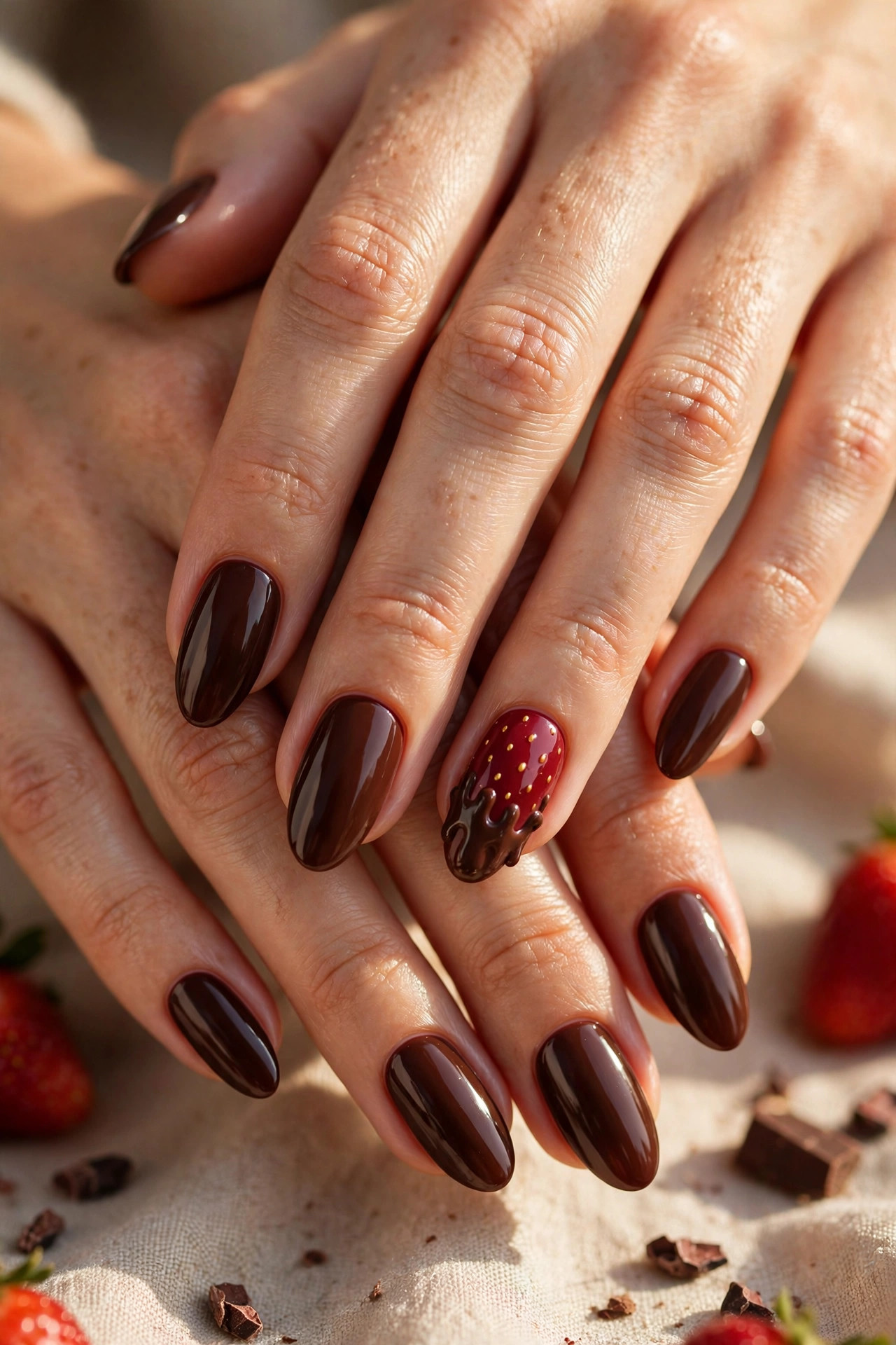 Latte nail design: Chocolate-Covered Strawberry Accent