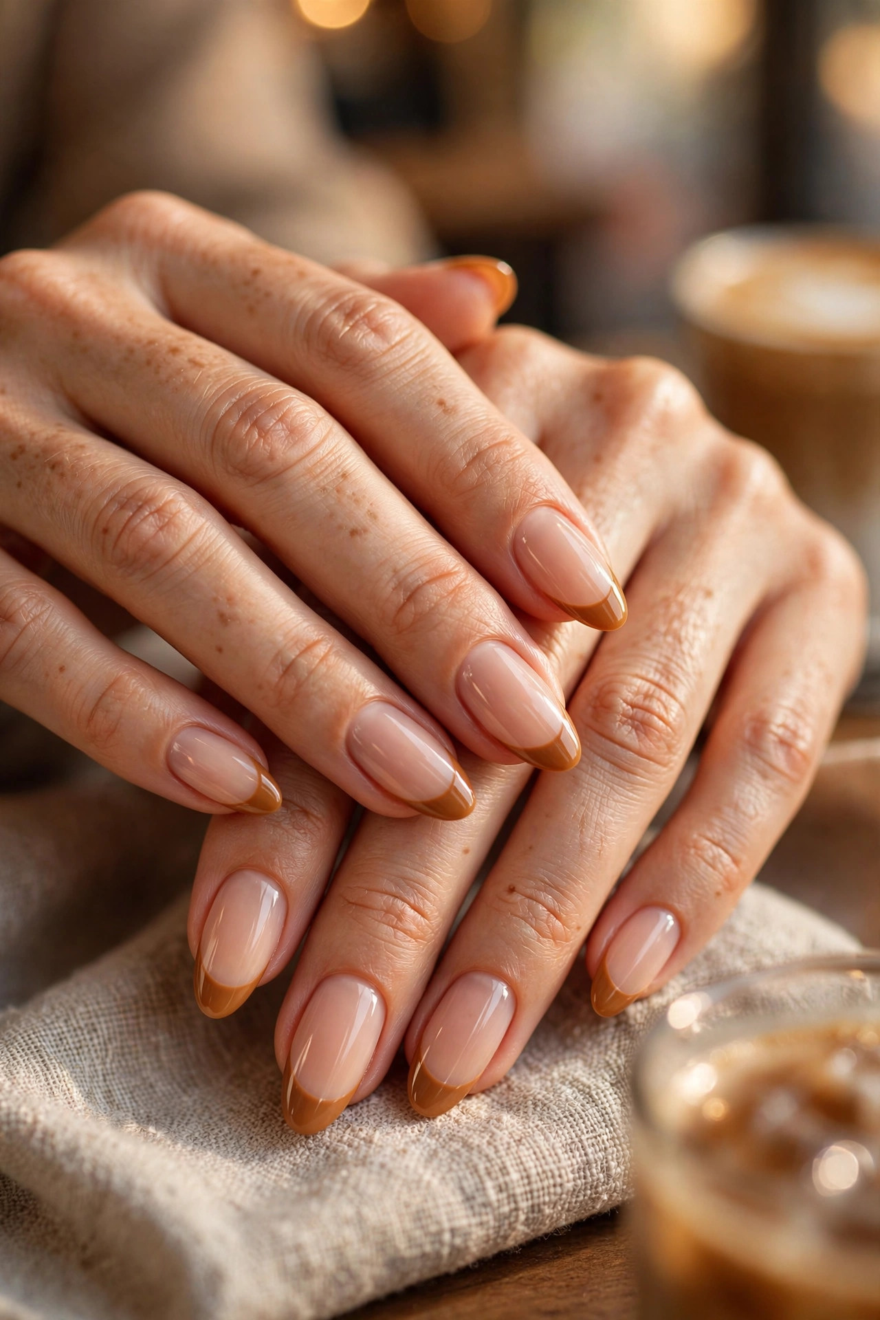 Latte nail design: Caramel French Tips