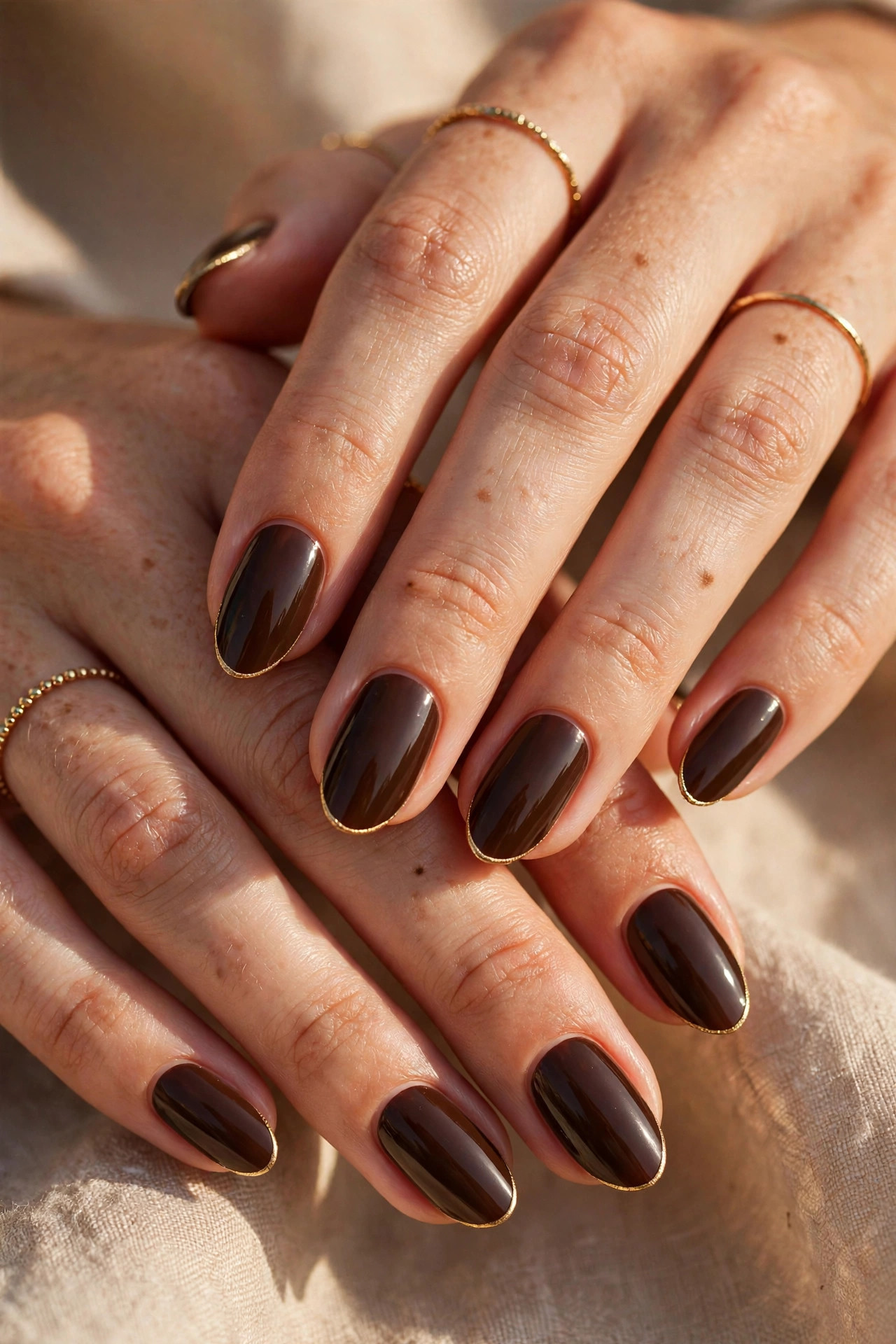 Latte nail design: Espresso with Gold Micro-French