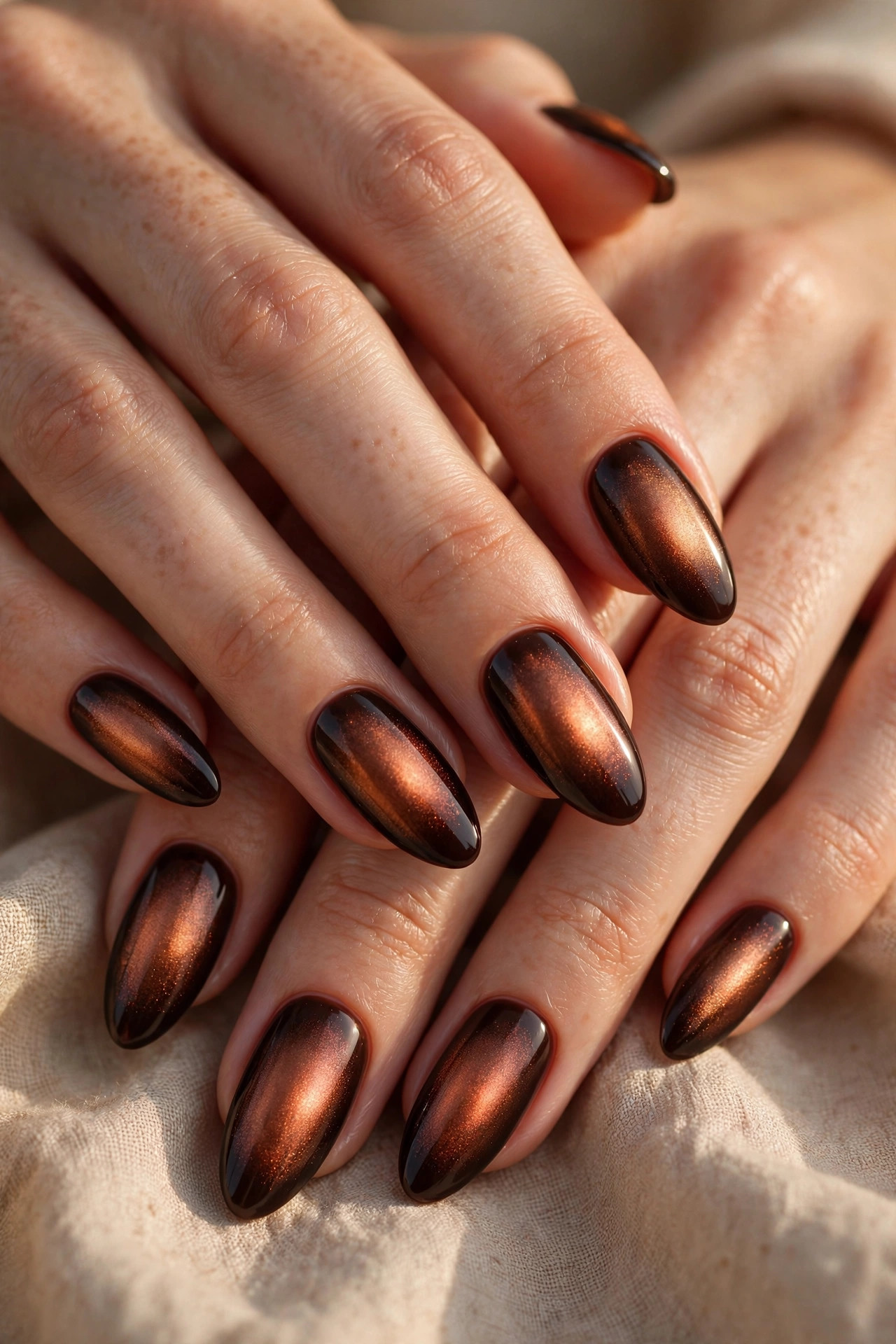 Latte nail design: Espresso Aura with Copper Center