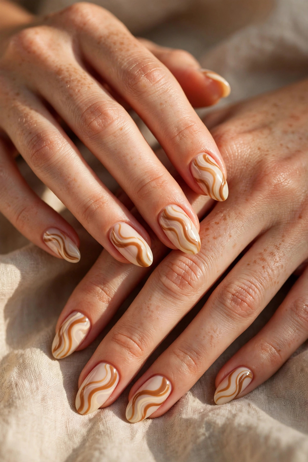 Latte nail design: Caramel Swirls on Cream