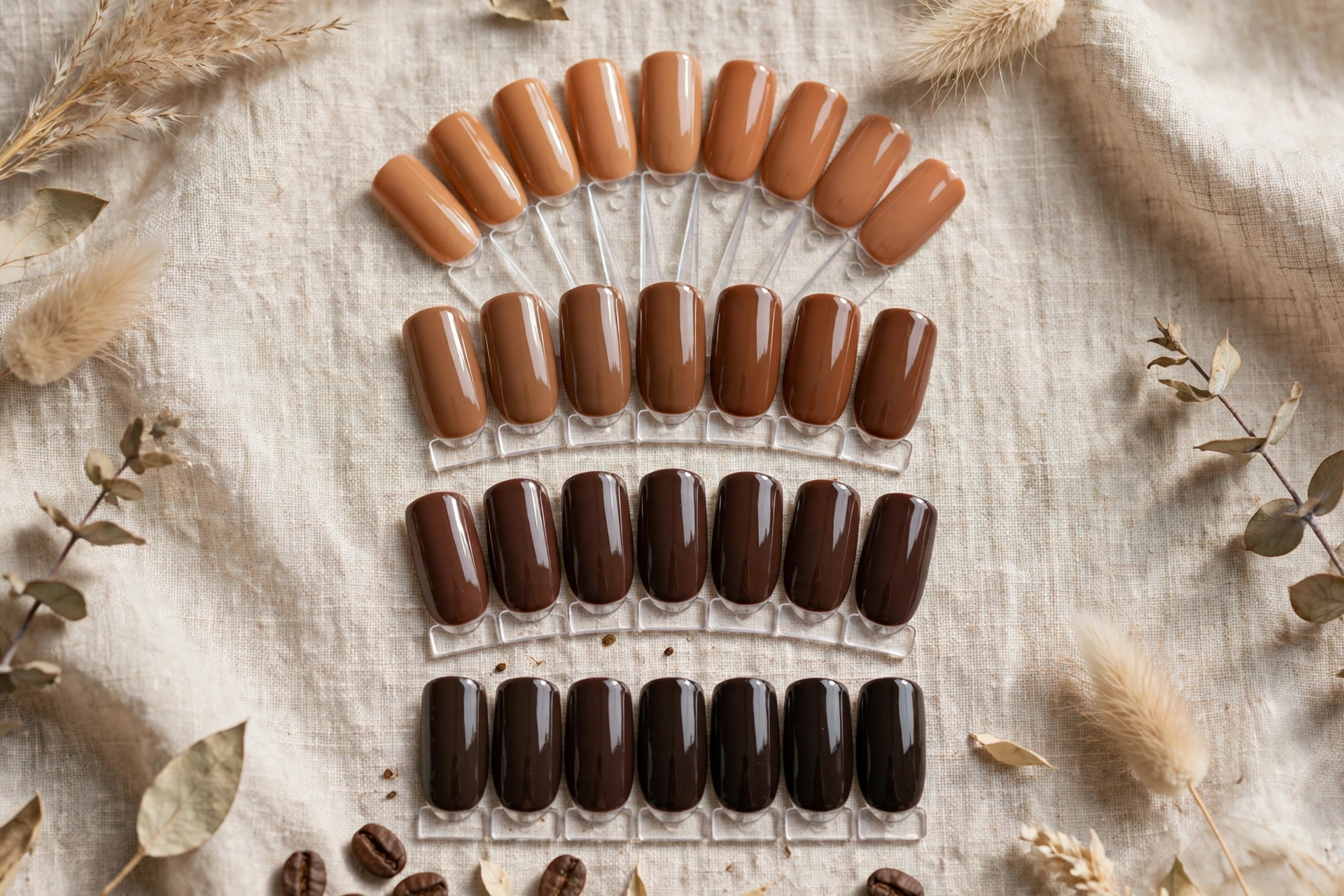 Latte nail polish swatch guide showing caramel coffee chocolate espresso tones