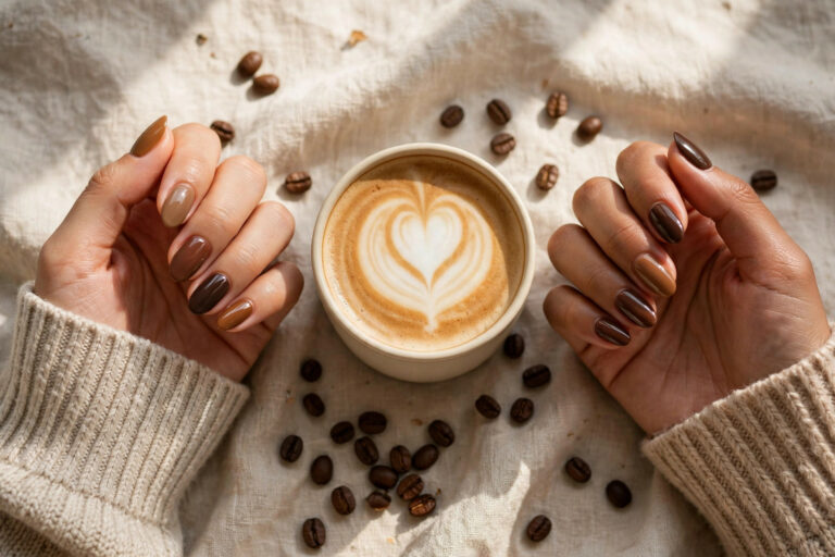Latte nails in caramel, coffee and chocolate tones with a cup of latte