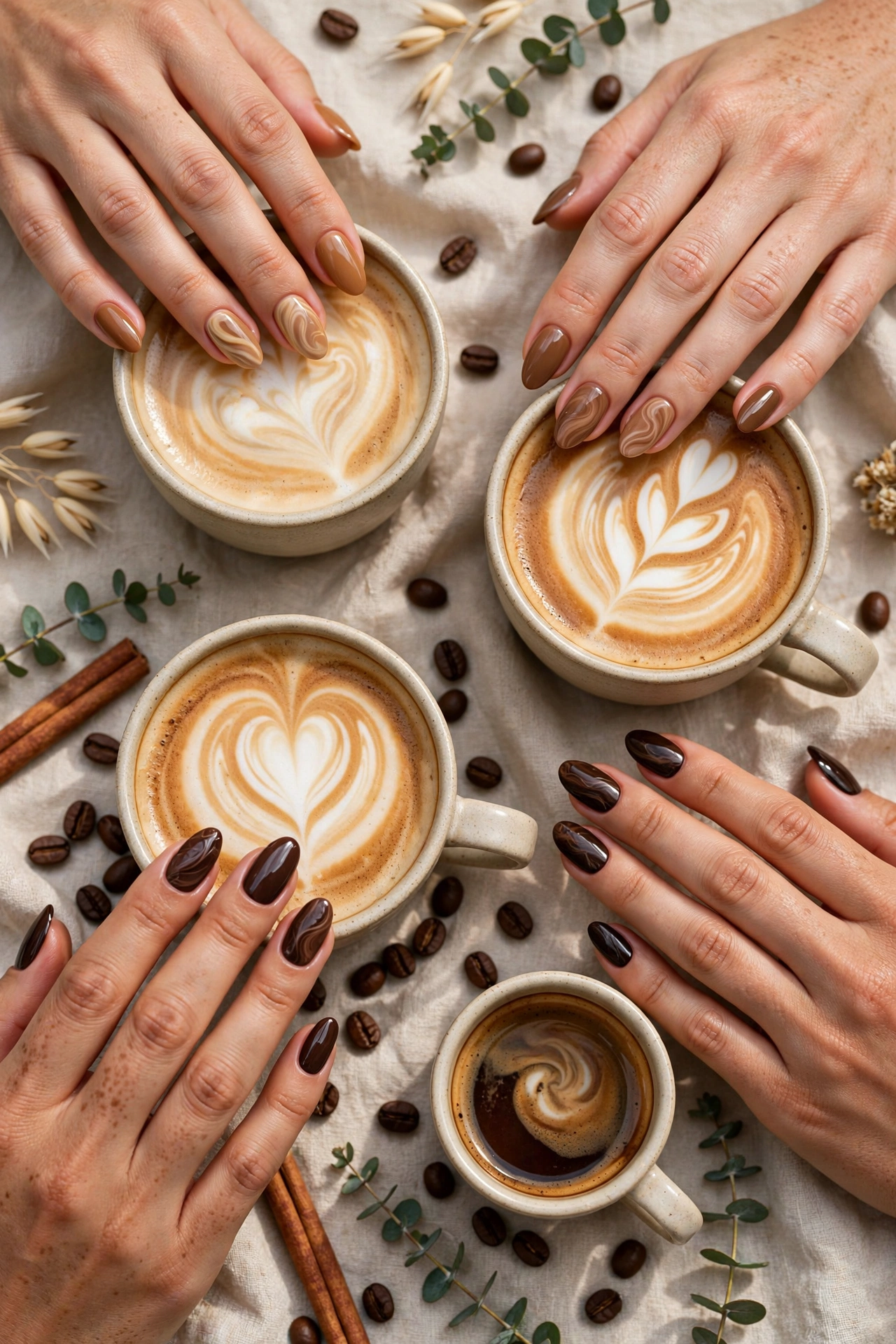 Latte nails in caramel coffee and chocolate tones with coffee cup