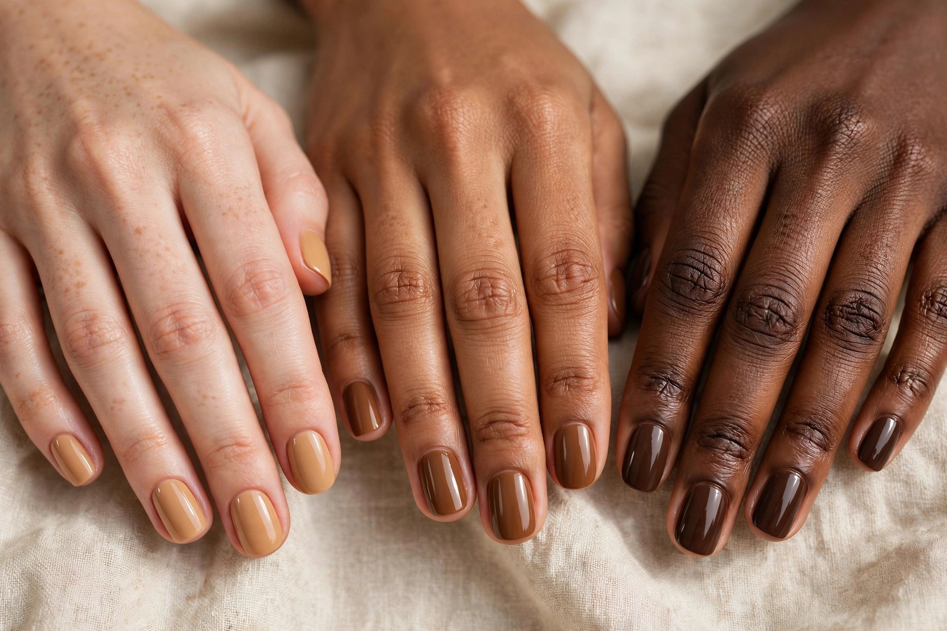 Latte nails on diverse skin tones showing flattering shade matches