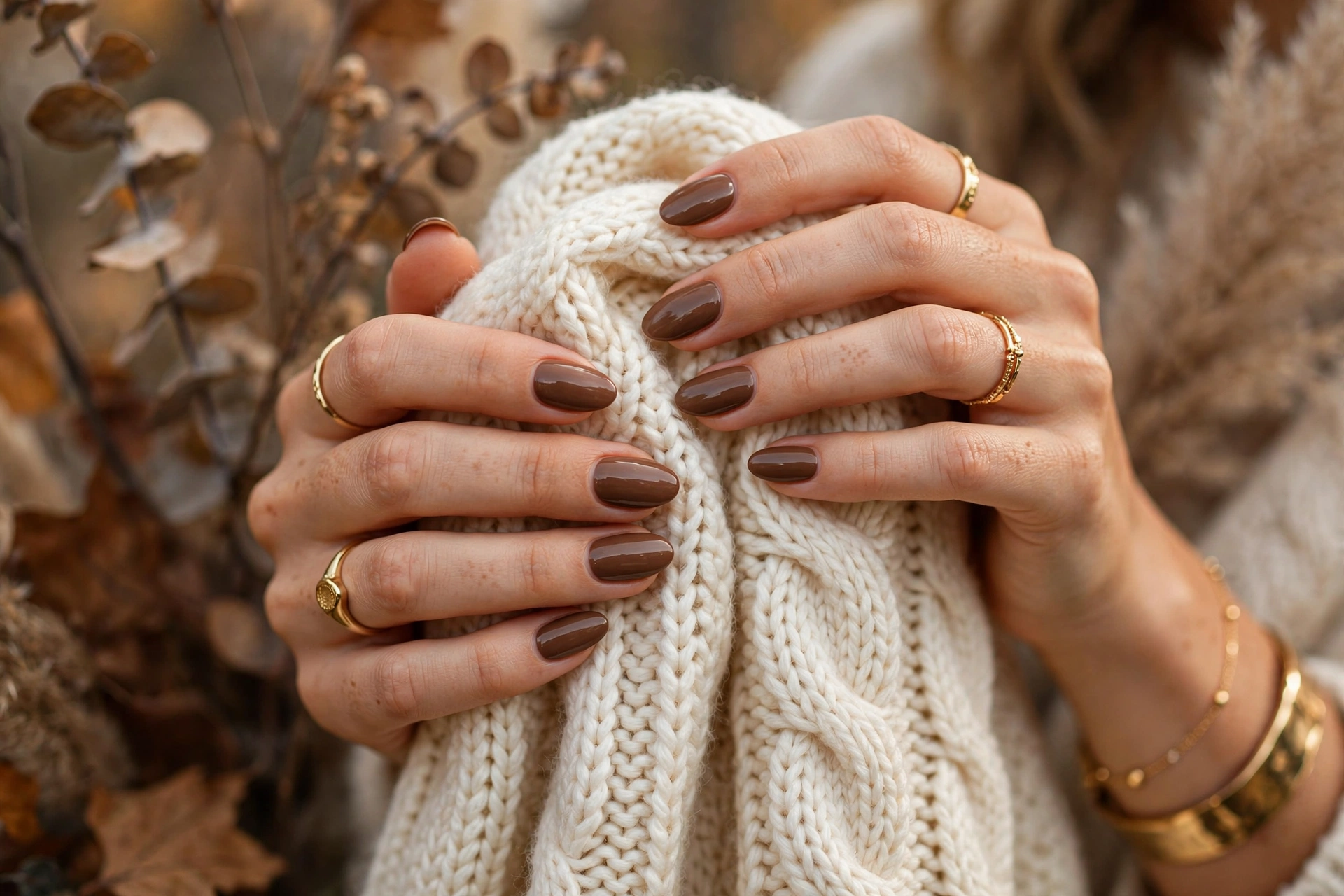 Chocolate latte nails styled with cream sweater and gold jewelry for fall