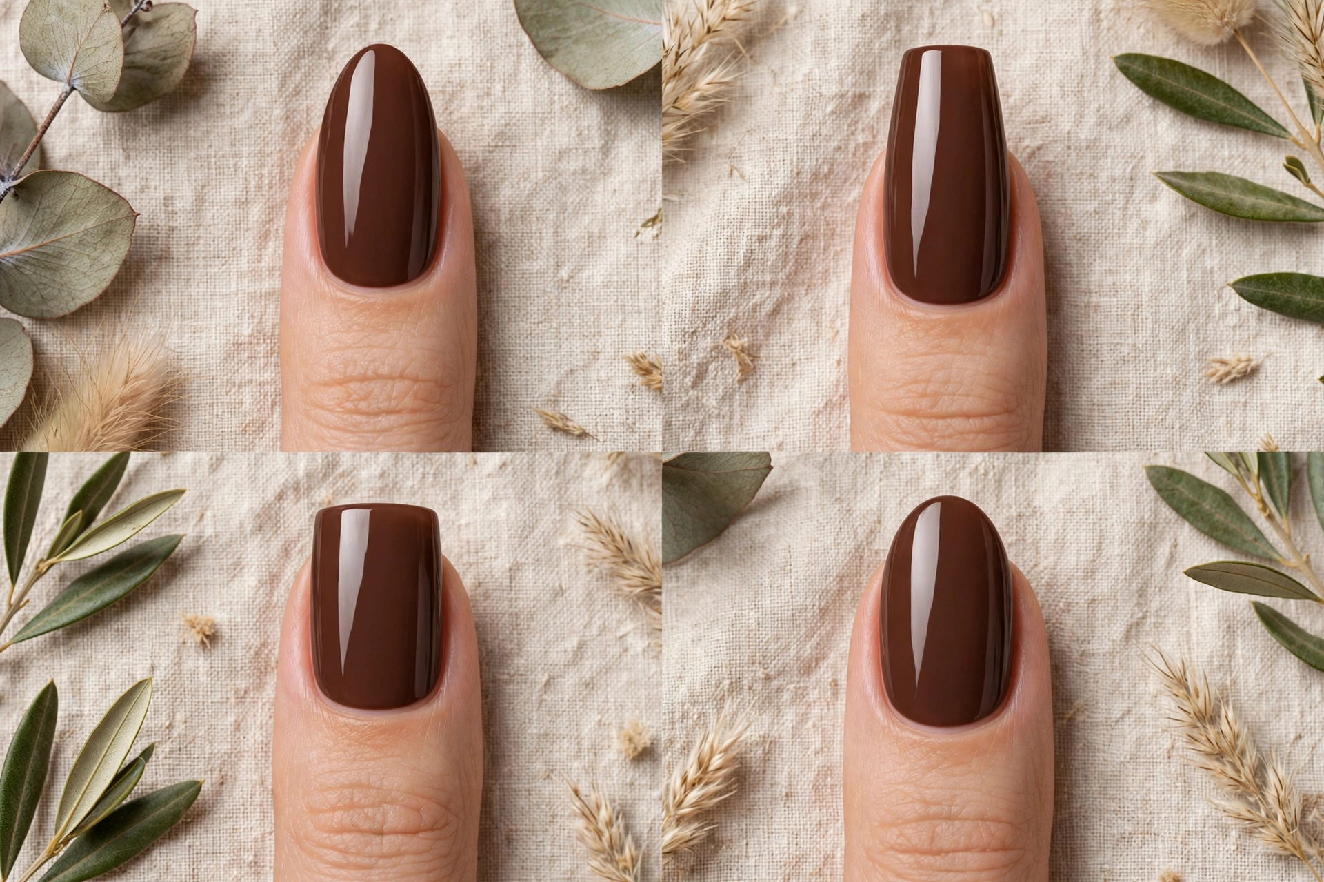 Chocolate latte nail polish compared on almond coffin square and oval shapes