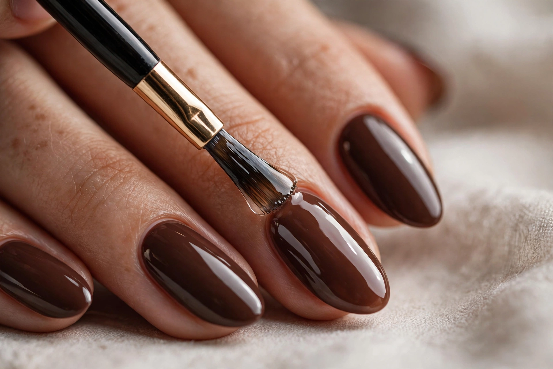 Applying top coat to chocolate latte nails for glossy finish