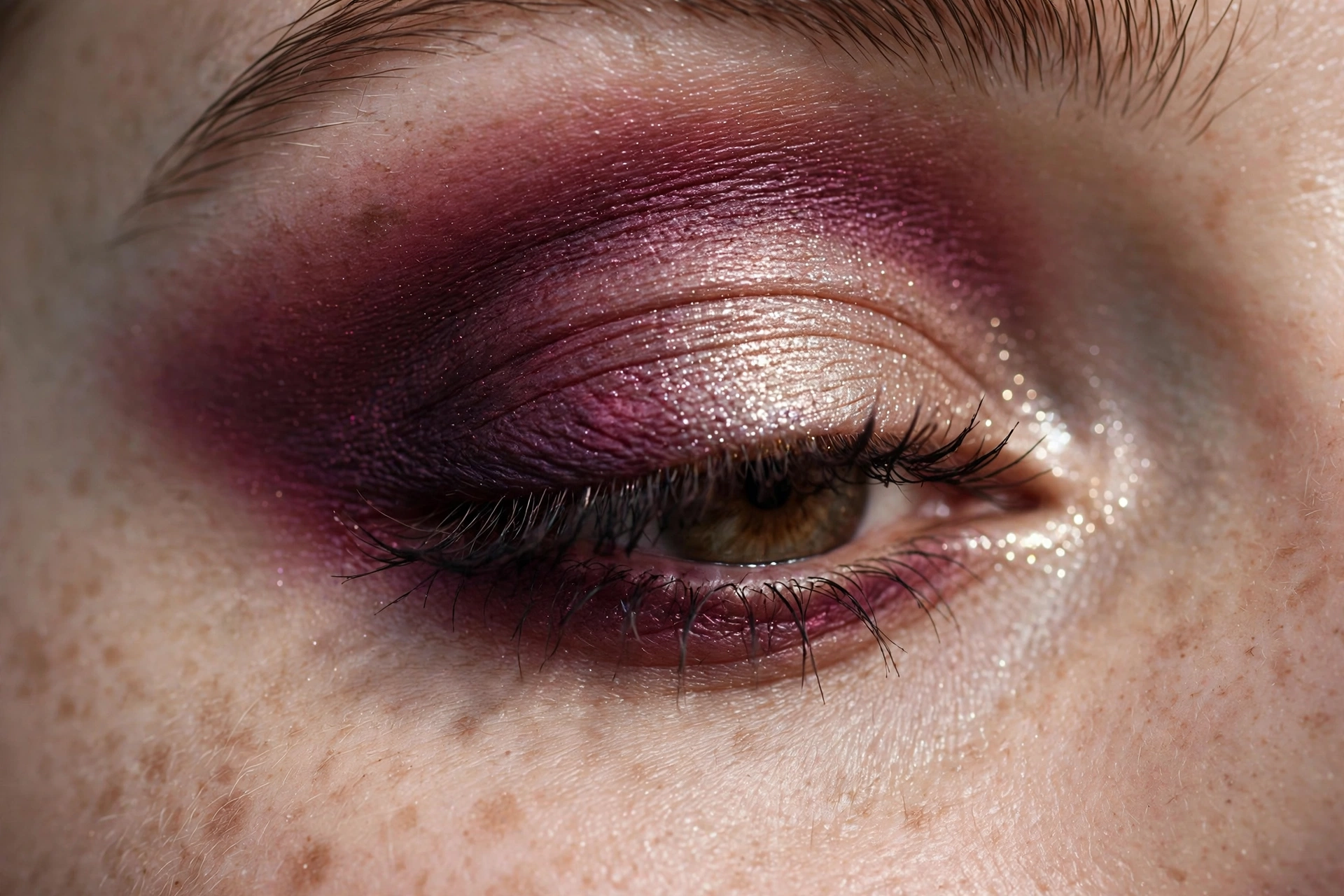 Moody burgundy smoky eye makeup close-up