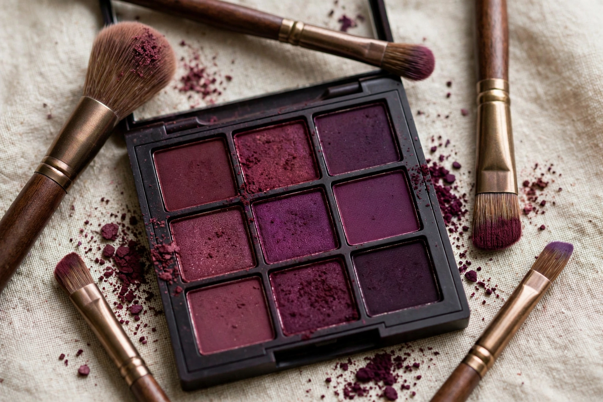 Eye brushes and burgundy eyeshadow palette for moody eyes
