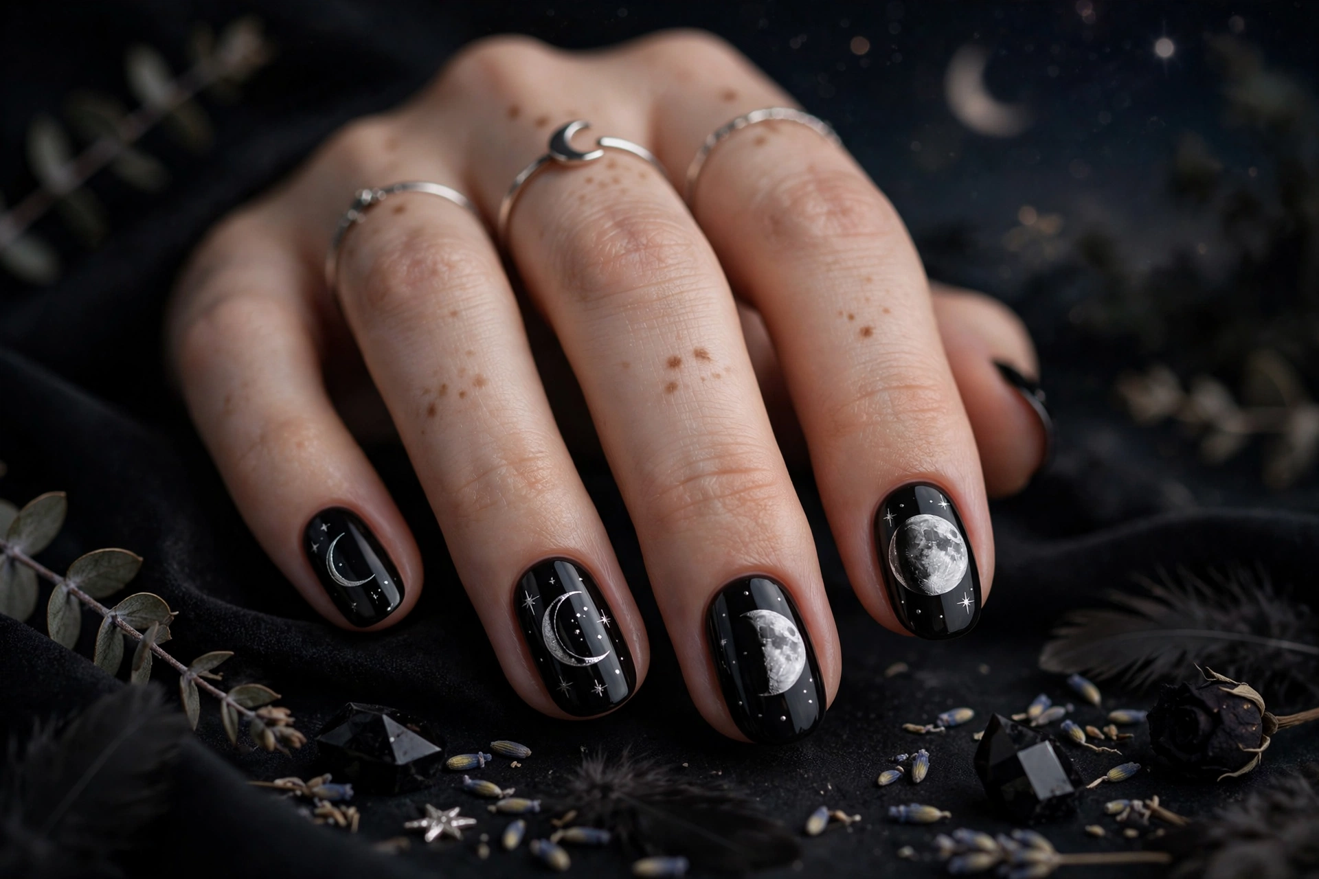 Moon phase goth nail art in silver on black nails