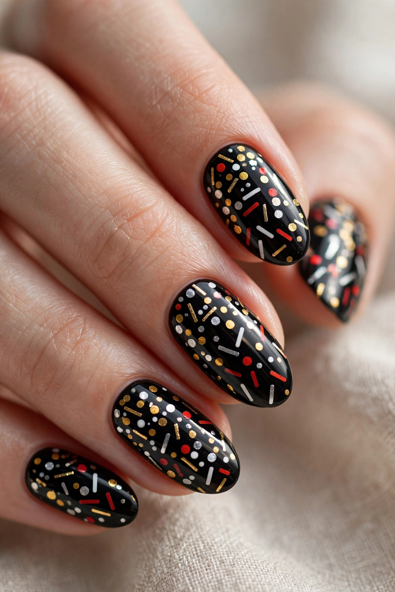 New Year's Eve confetti nail art design on black nails