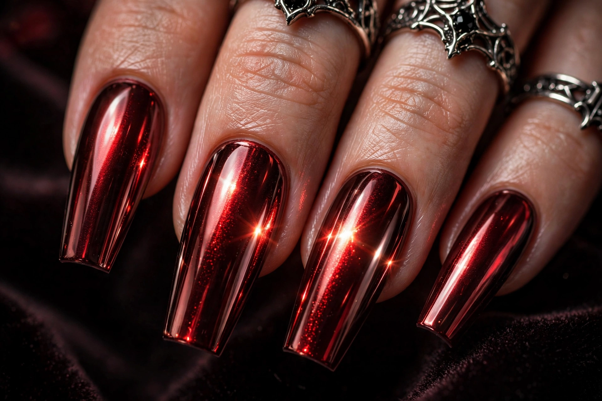 Oxblood chrome coffin goth nails with metallic shine