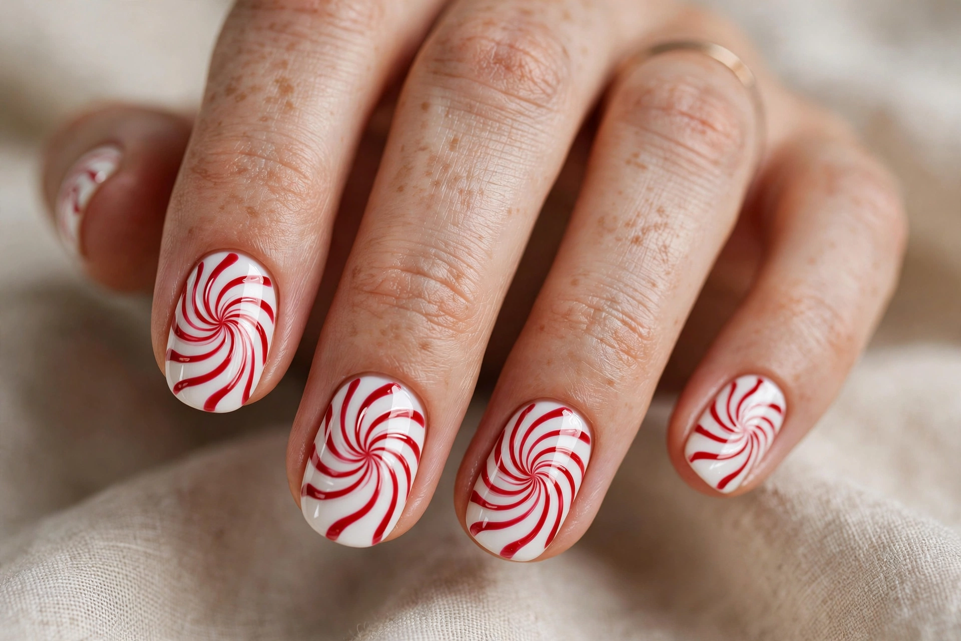 Peppermint swirl Christmas nail art design