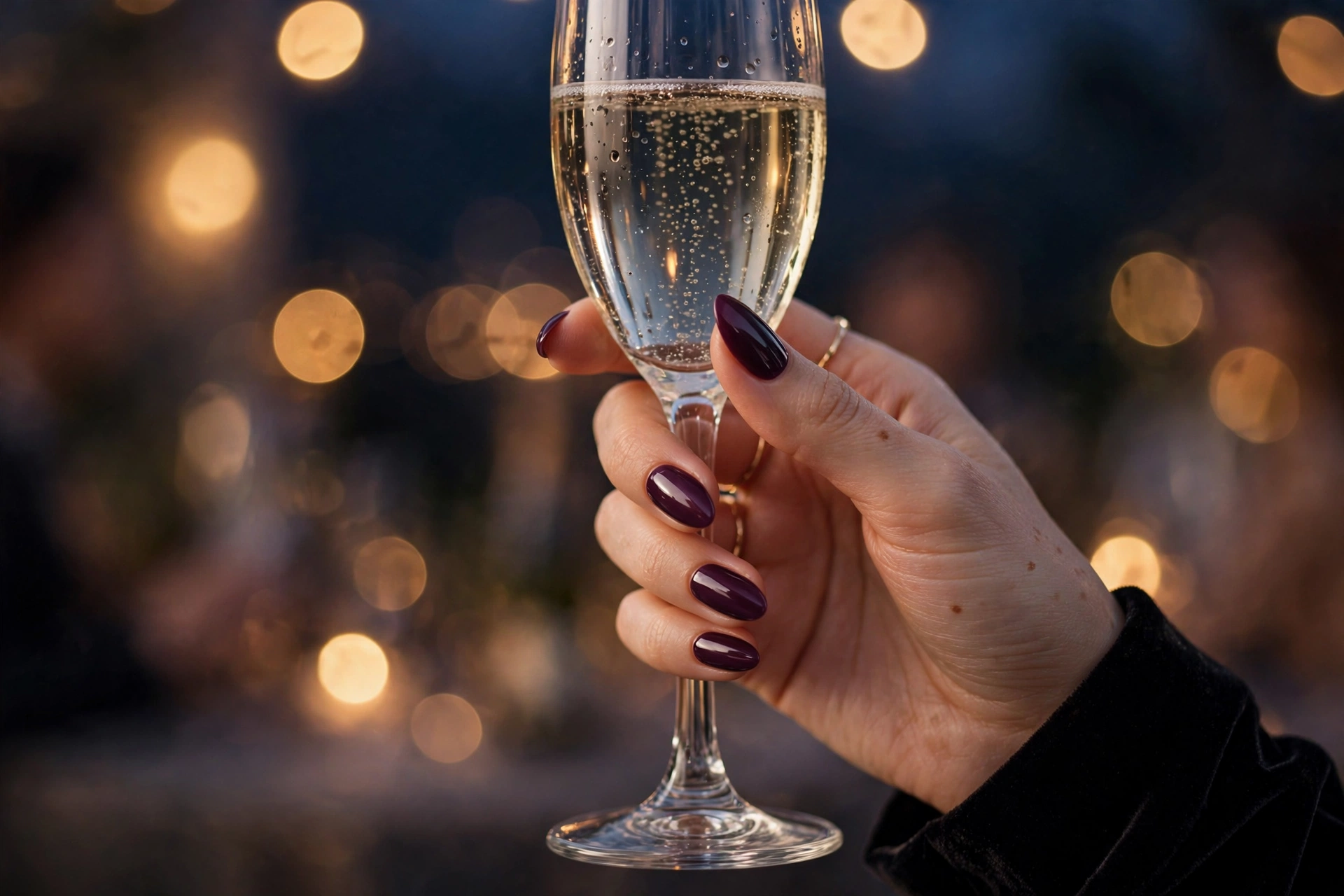 Deep plum vamp nails with gold ring at an evening event