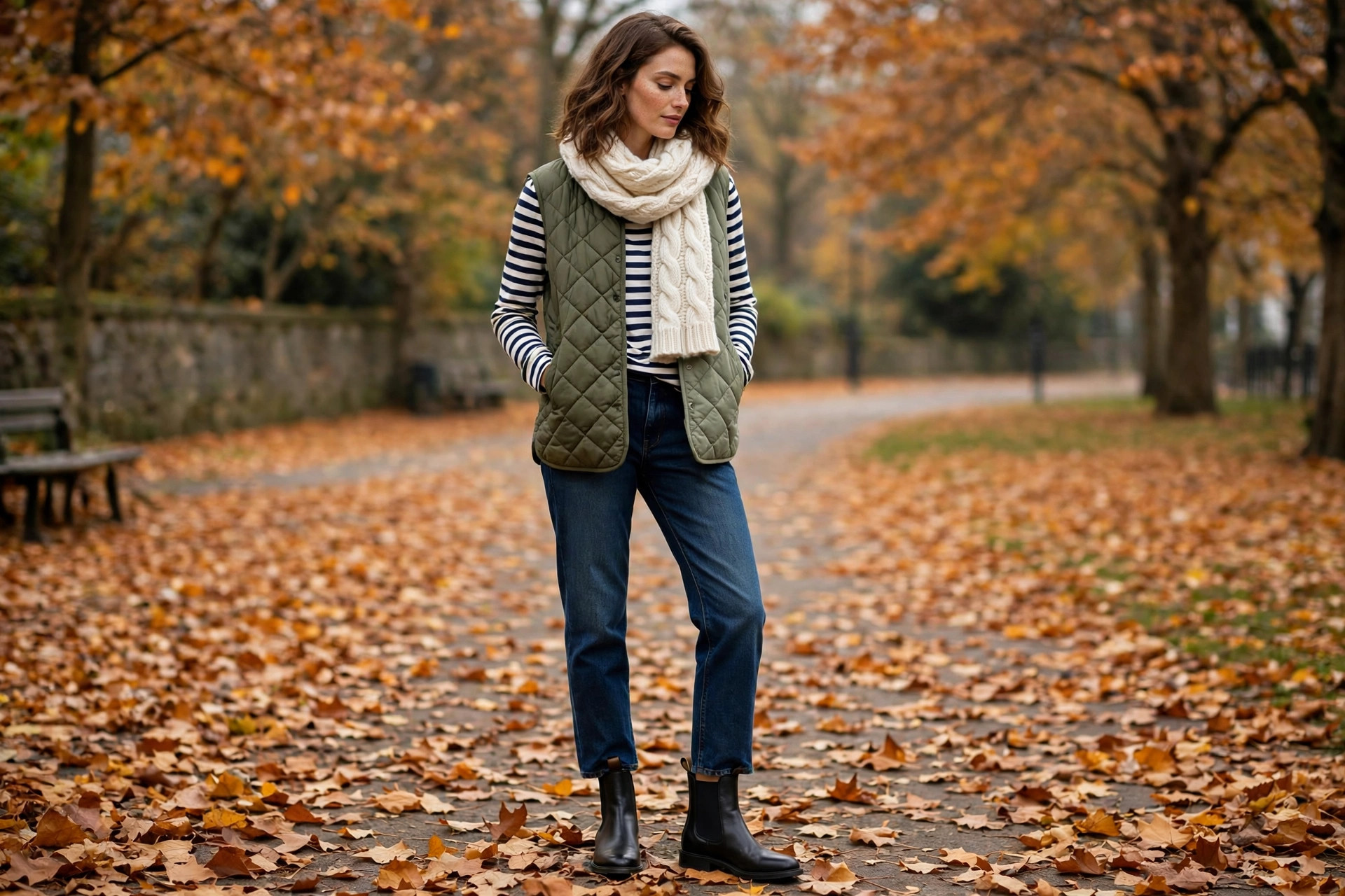 Quilted vest and scarf layered weekend outfit
