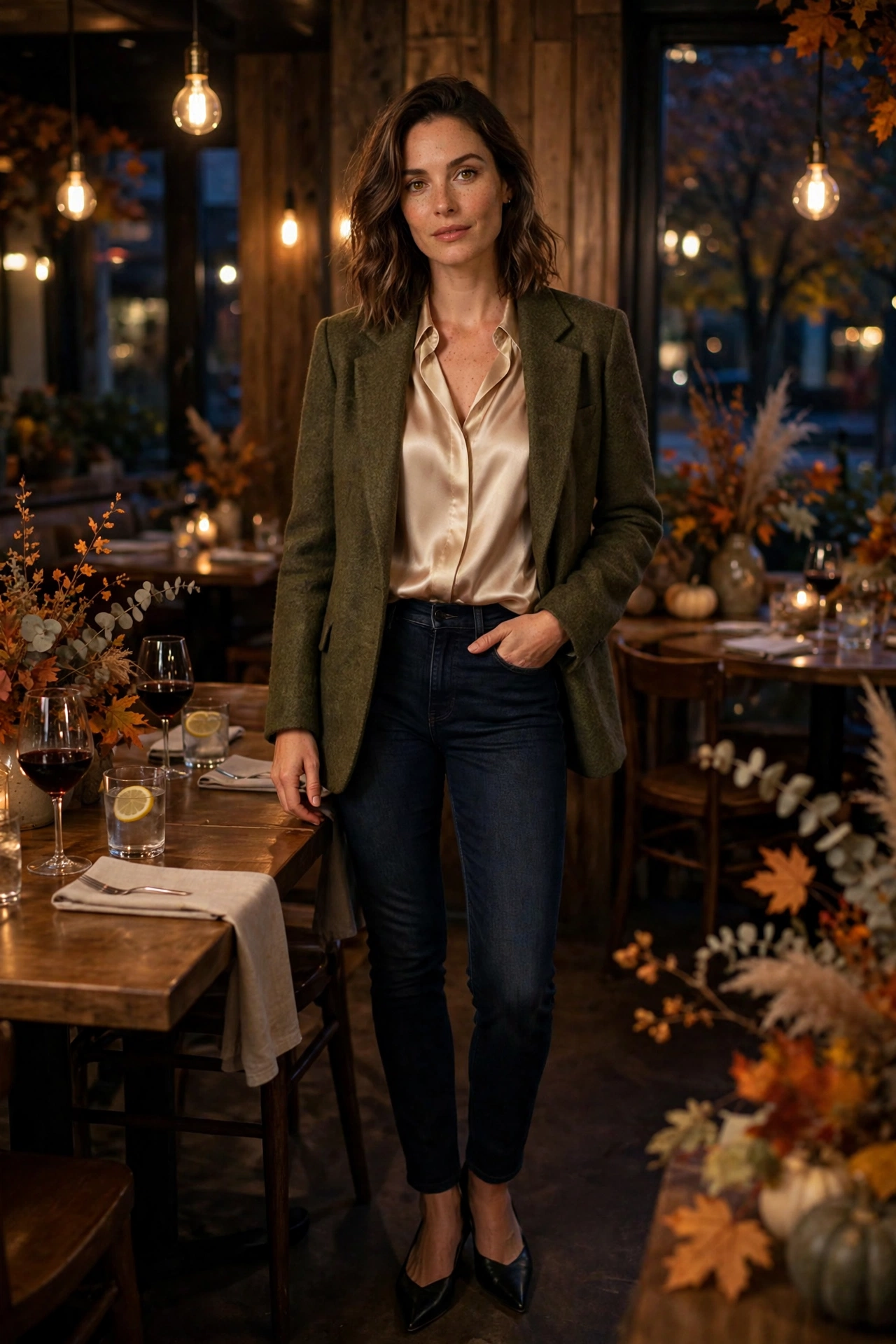 Silk blouse and wool blazer fall dinner outfit