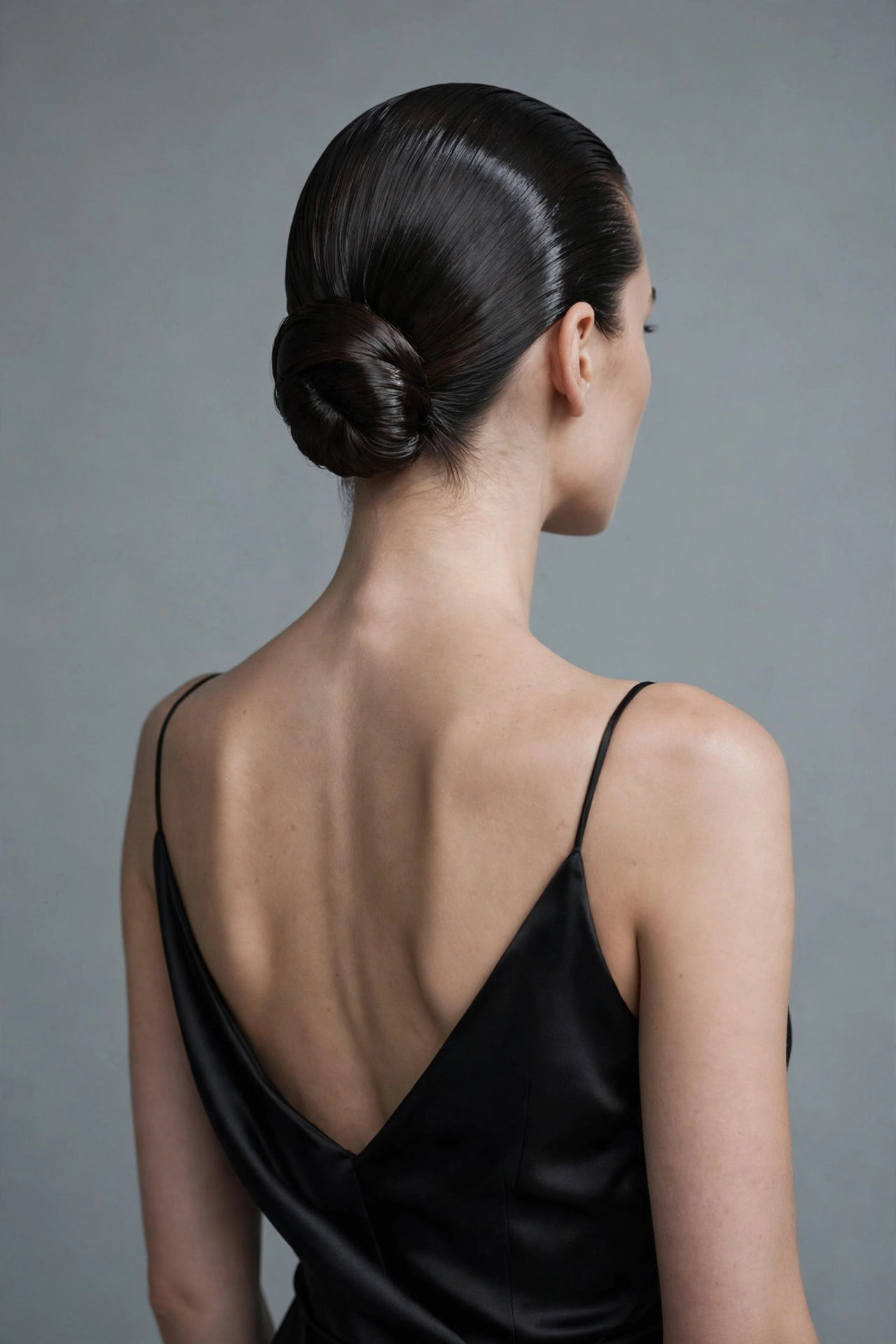 Sleek slicked-back bun hairstyle from behind with glossy finish