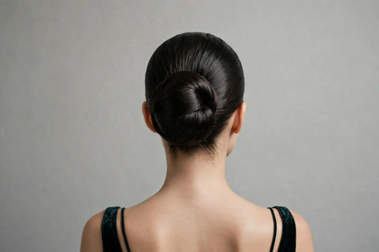 Sleek slicked-back bun hairstyle from behind with glossy finish, full head visible